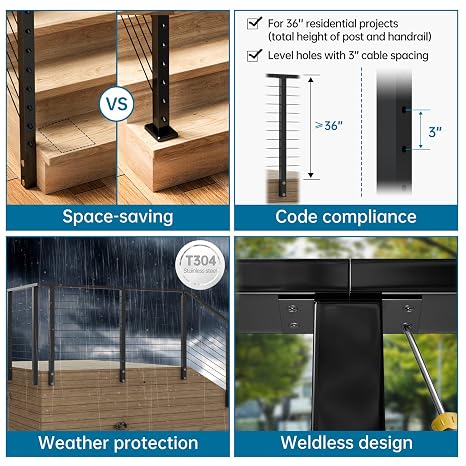 Muzata 3'-6'6 Side Mount Black Complete Cable Railing Kit 36 Inch Cable Railing System for Decks with Post Handrail Space-Saving Fascia Mount with User Guide RCF2 BH4S