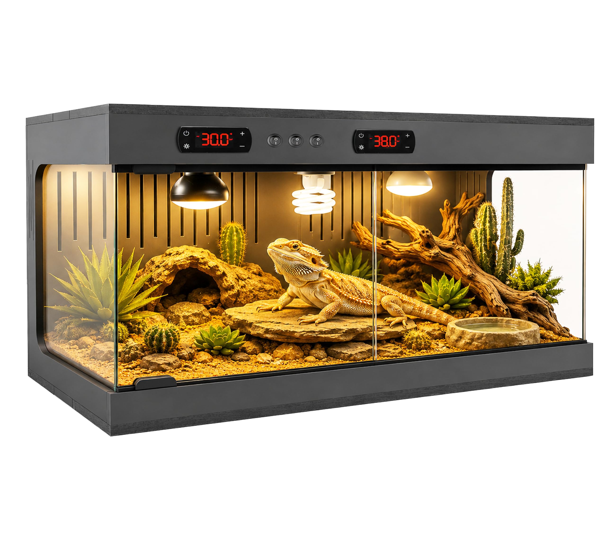 Terrario per rettili, 80 x 40 x 40 cm, terrario in PVC con doppio termostato, 3 attacchi E27, porte scorrevoli in vetro temperato, chiusura a prova di esplosione, per geco, serpente, barba, colore