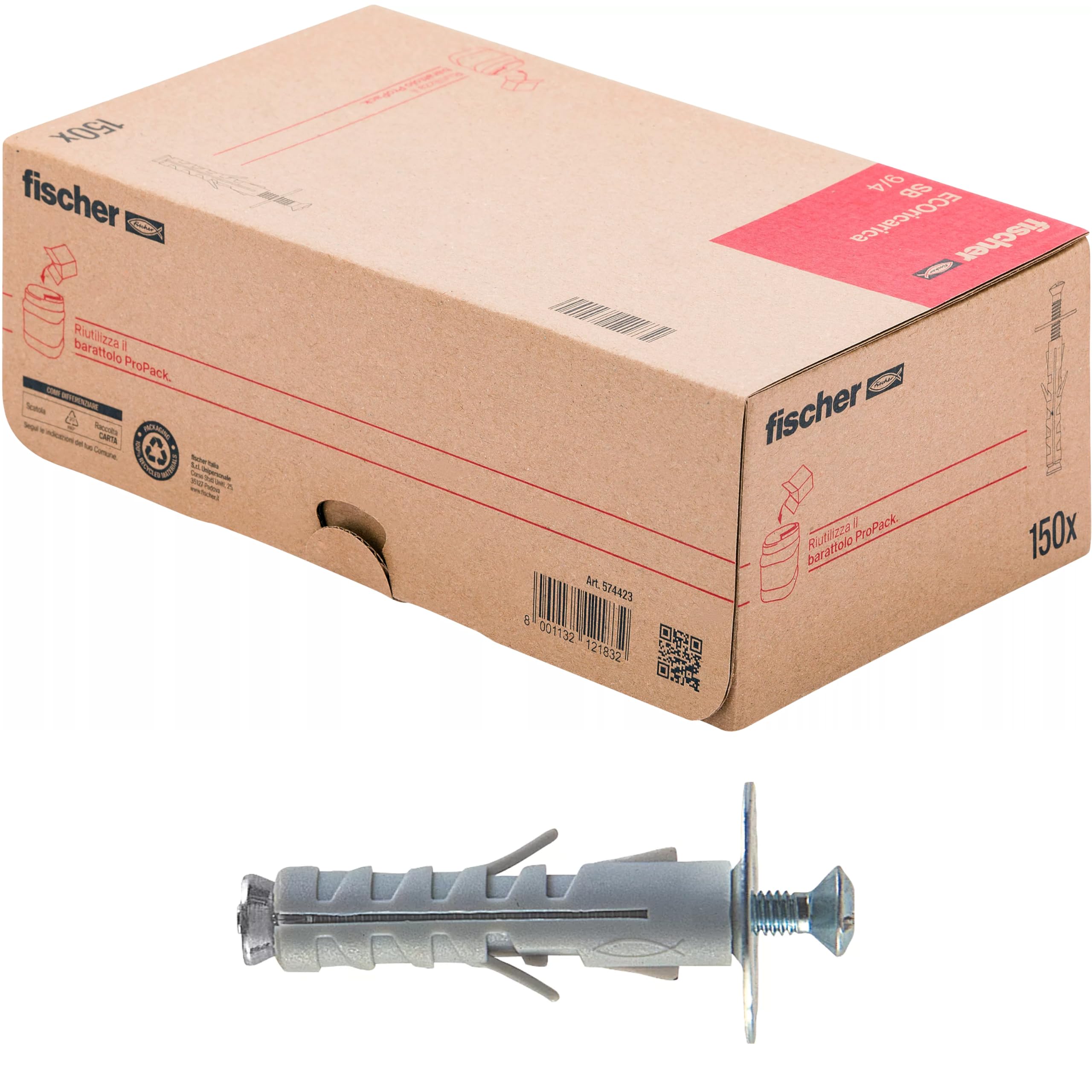 Fischer Gray 574423 Sb 9/4 Nylon Dowel With Screw, 150 Pezzi