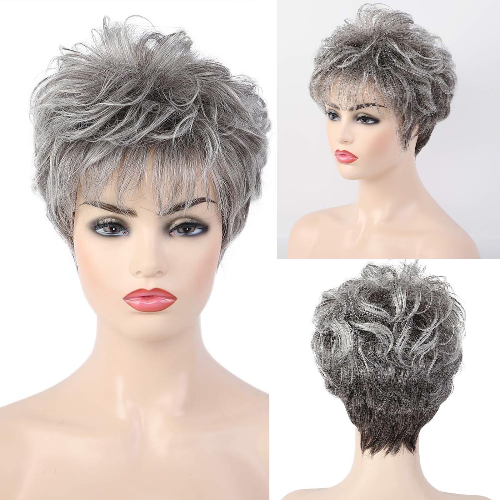 HAIRCUBE Kurze Lockige Graue Perücken für Frauen, Pixie Cut Perücke, graue, pflegeleichte Echthaarperücken für Frauen