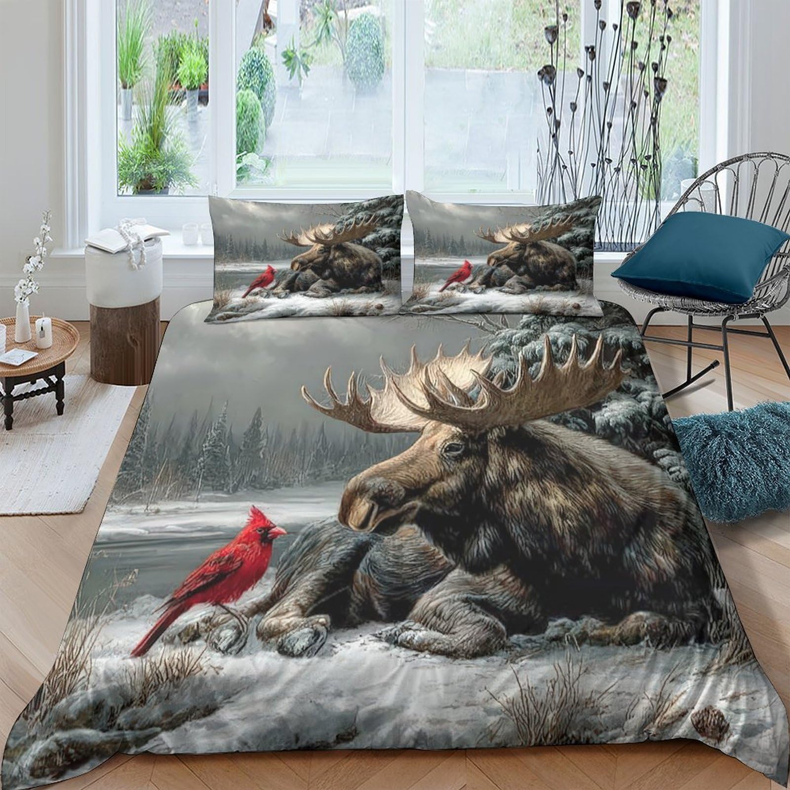 Ctjqhvkz Style-9 3D Printed Moose Forest Fitted Sheet Microfiber Soft Animal Cardinal Bed Cover Bedroom Decor Machine Washable Single（135X200cm）