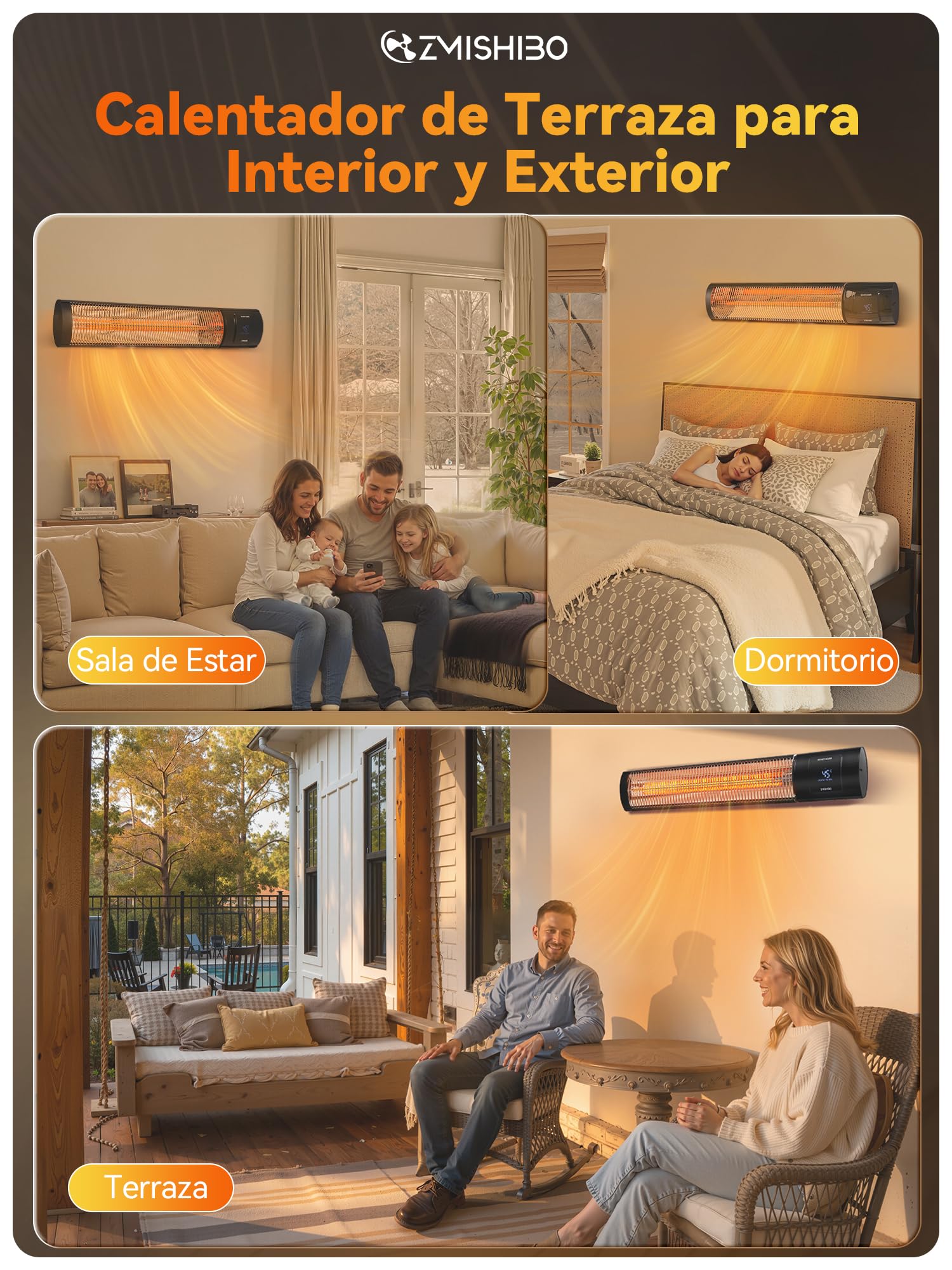 ZMISHIBO Calefactor/Estufa de Infrarrojos 2000W, 4 niveles, IP65 para interior y exterior, con app, LED, detección de ventana abierta y seguridad infantil