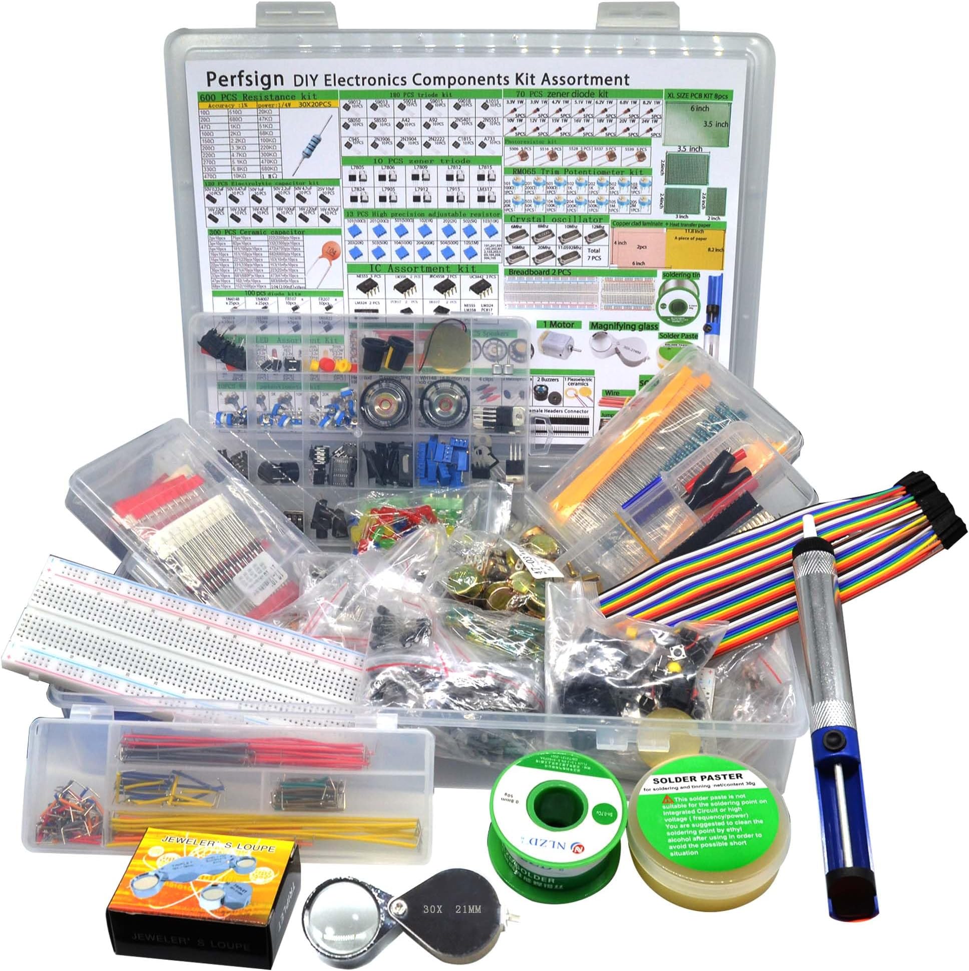 perfsign 2300pcs xxxxl complete set diy electronic components variety box kit, ic, soldering, solder sucker, pcb, breadboard, jumper wire, magnifier, resistors, capacit
