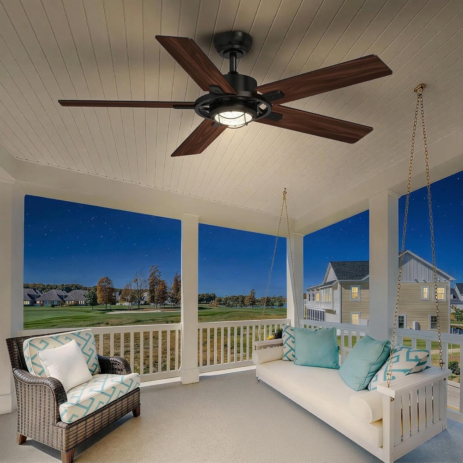 TALOYA 52 Inch Ceiling Fans with Lights and Remote Flush Mount Low Profile for Living Room Farmhouse Bedroom Patio Outdoor Dining Room,DC Motor,Reversible,Buzzer Mute,Dimmable Led Light,Rustic,Black