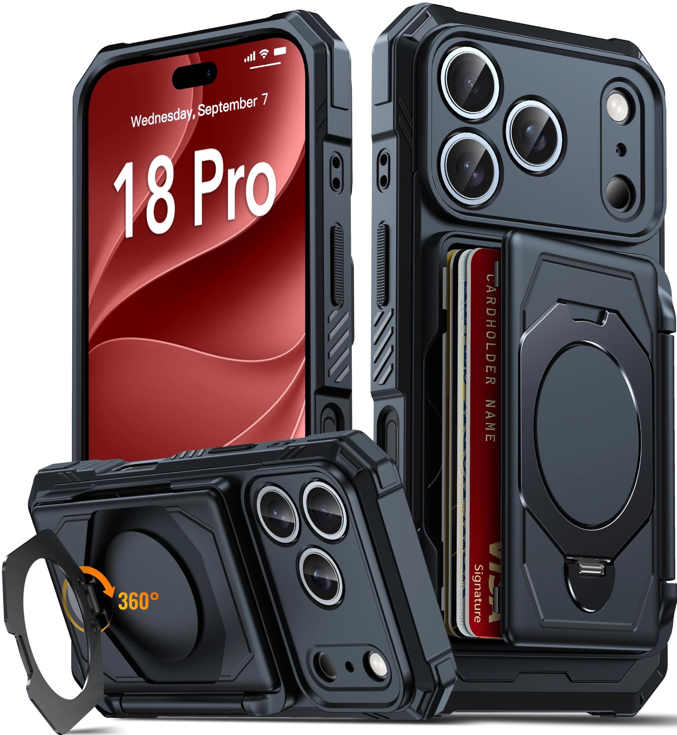 Oterkin Wallet for iPhone 18 Pro Case with Card Holder | 360° Spin Stand | Store 4-5 Cards,RFID Blocking | 360°Ring Kickstand | Full Camera Protection |15FT Shockproof iPhone Case for iPhone 18 Pro Global Recycled Standard Global Recycled Standard Global Recycled Standard
