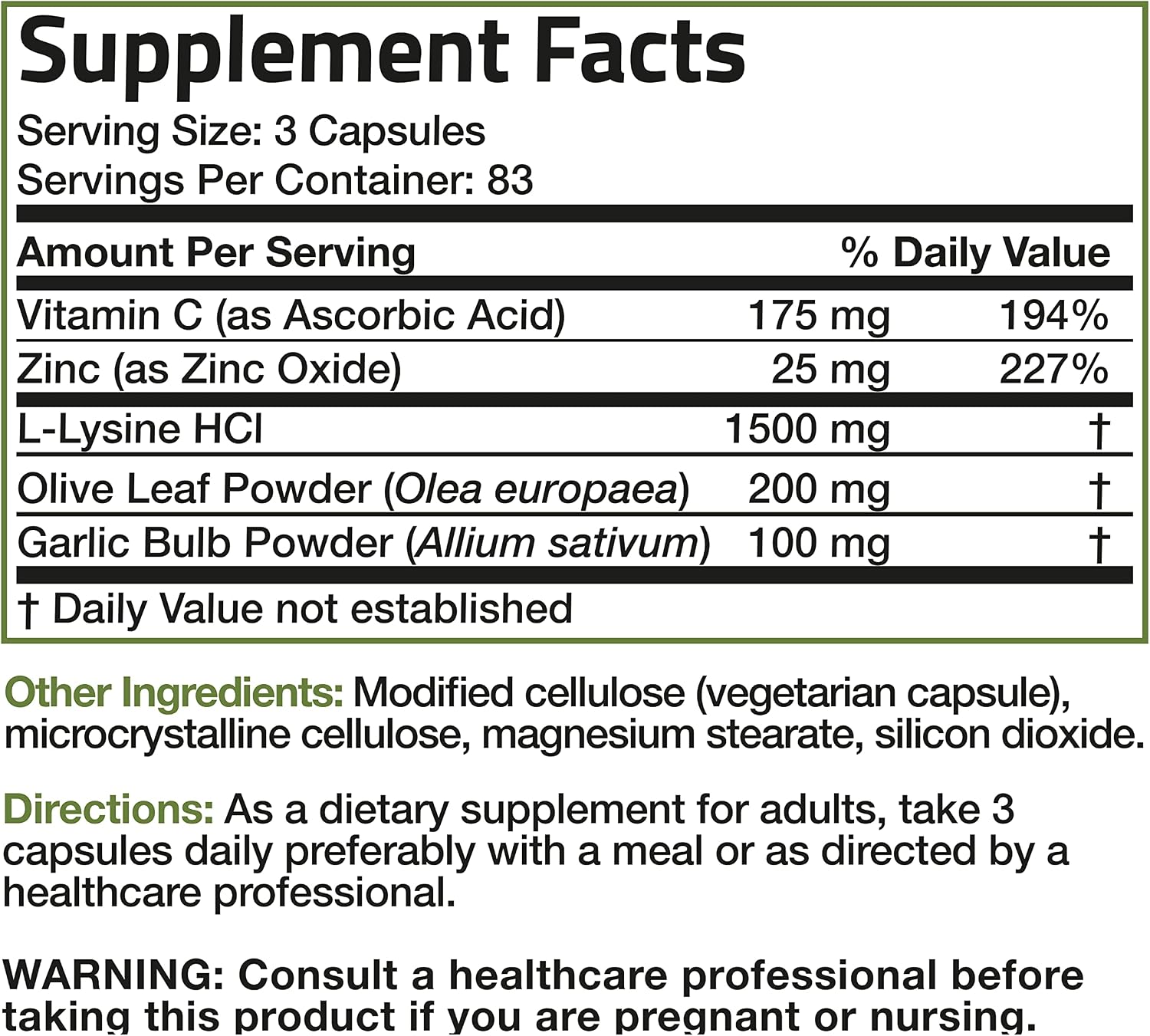 Bronson L-Lysine Defense Immune Support Complex 1500 MG L-Lysine Plus Olive Leaf, Garlic, Vitamin C and Zinc - Non-GMO, 250 Vegetarian Capsules