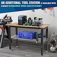 Vista 4 de WORKPRO Banco de trabajo de garaje ajustable, escritorio de trabajo resistente con parte superior de madera de goma de 48 x 22 pulgadas, con tomas