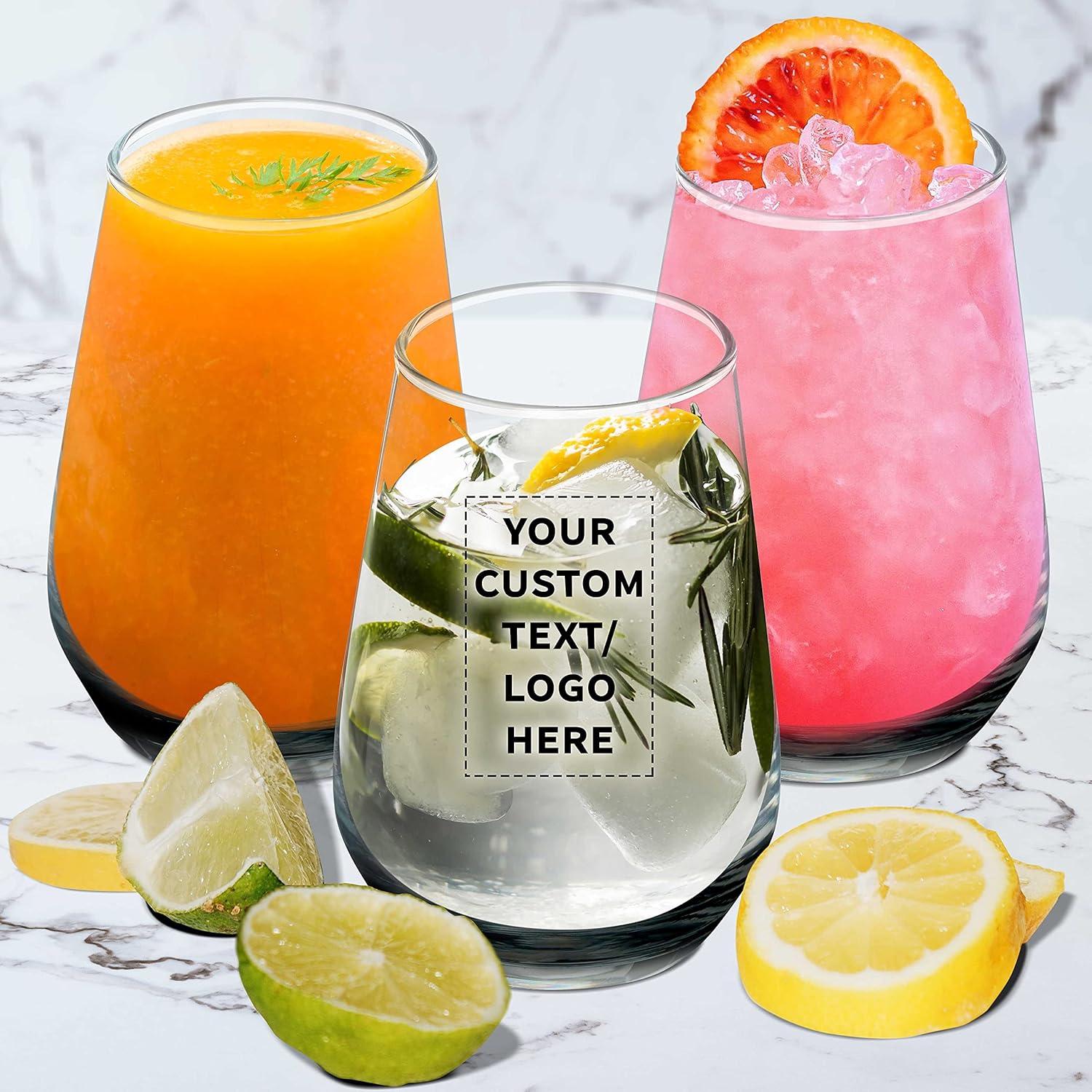 DISCOUNT PROMOS 10 Vaso Silicia Stemless Wine Glasses Set, 16 oz. - Personalized Text, Logo - Clear, Orb-Like, Thick base - Black