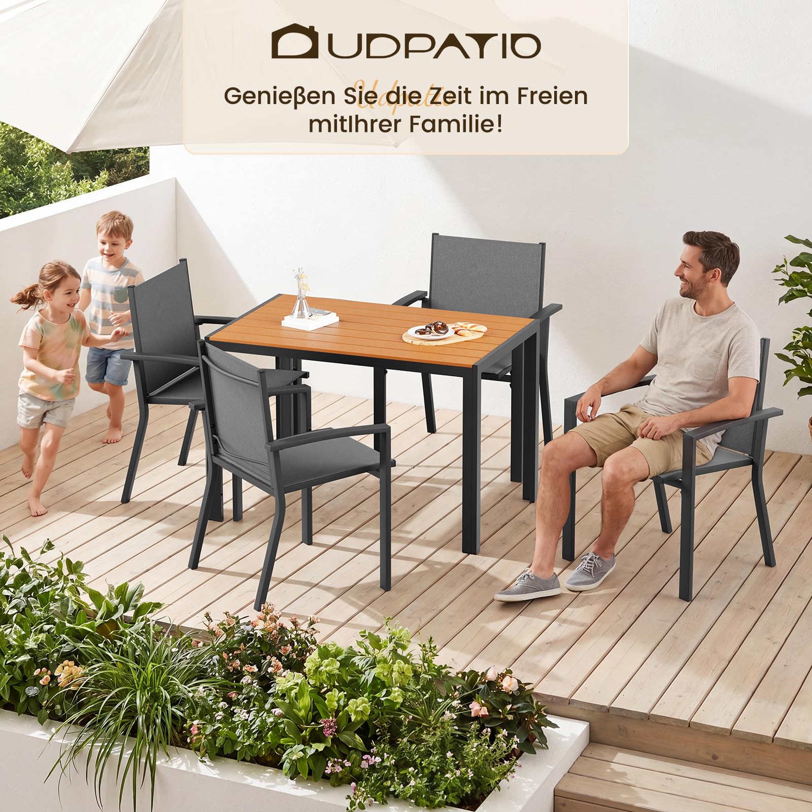 UDPATIO Wetterfest Gartenmöbel Set 5-TLG, Aluminium WPC Gartentisch + 4er Gartenstühle Stapelbar mit Armlehnen, Terrassenmöbel Balkonmöbel für Garten,Terrasse,Veranden, Teakbraun + Grau