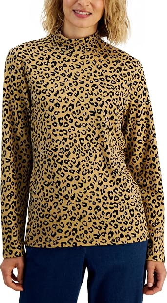 Karen S Petite Leopard Flow Mock Turtleneck Top