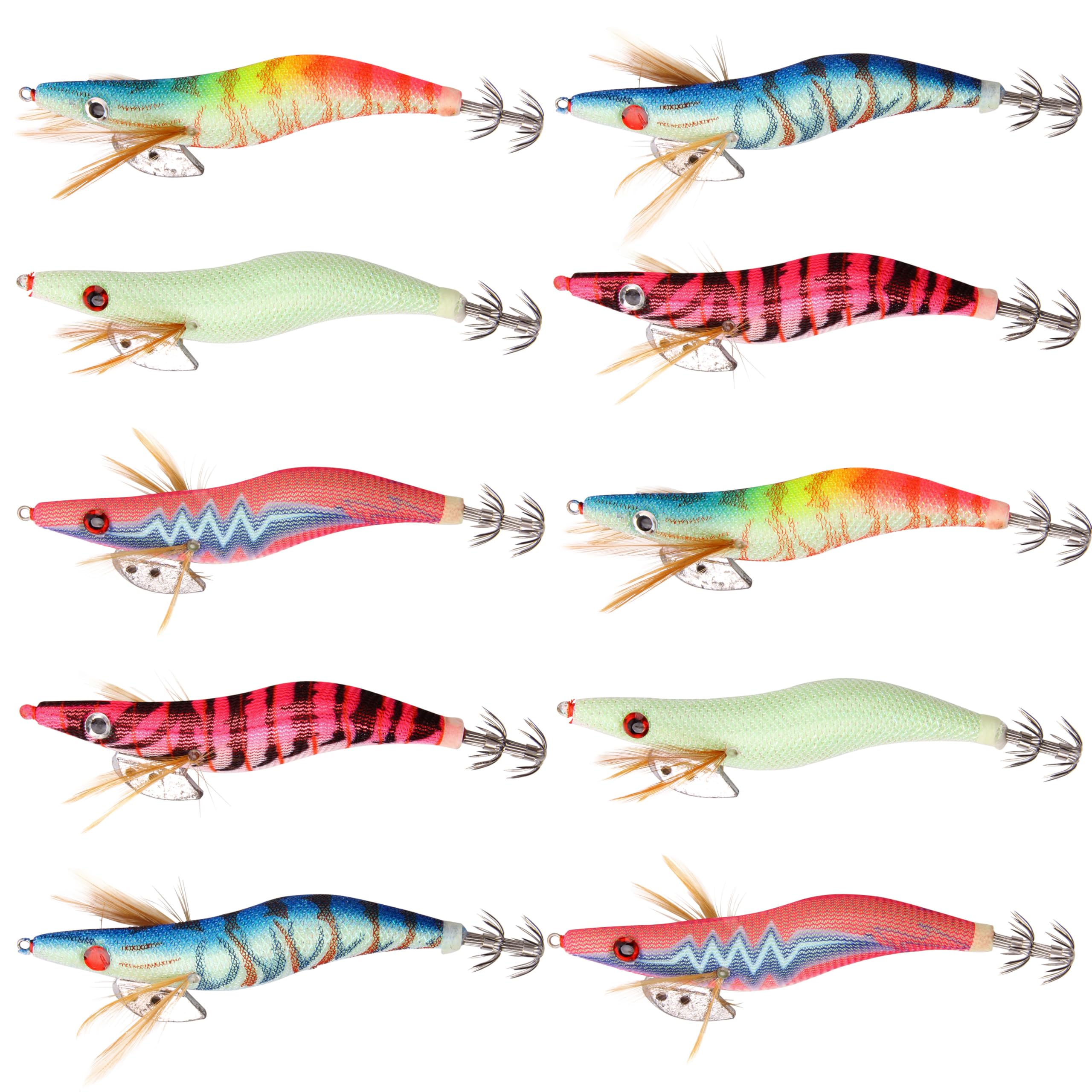 Luminous Squid Jig Fishing Lures, 5pcs/10pcs Saltwater Glow Squid Jigs Hooks Shrimp Prawn Lures Fluorescent Sleeve Octopus Cuttlefish Sea Fishing Baits Kit