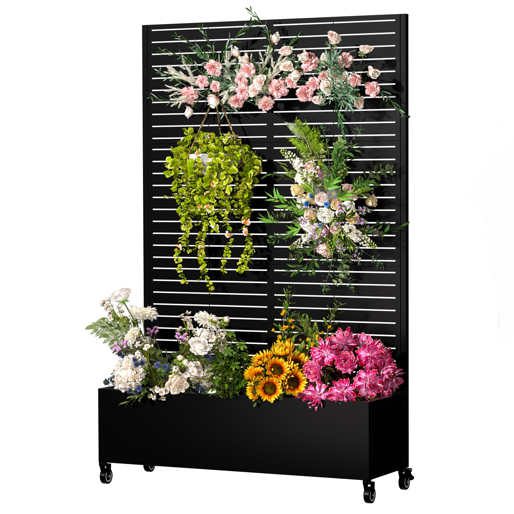 Metal Planter Box with Trellis,72"x47"x16"Galvanized Steel Outdoor Raised Garden Bed with Privacy Screen,with Drainage Holes & Lockable Casters for Climbing Plants,Vines,and Vegetables(Louvered-Black)