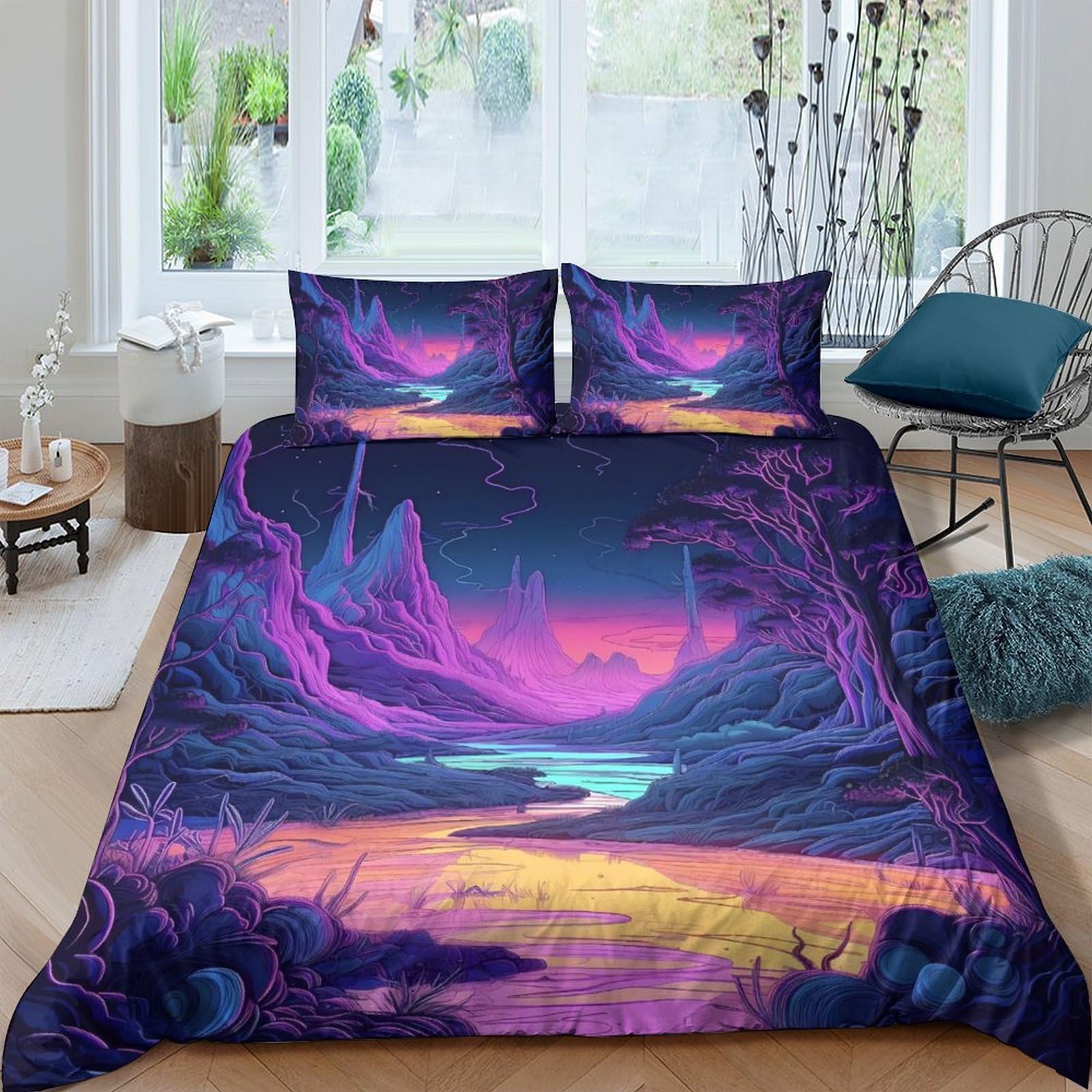 Ctjqhvkz Style-10 3D Printed Fantasy Landscape Fitted Sheet Microfiber Soft Purple Blue Mattress Cover Bedroom Decor Single（135X200cm）