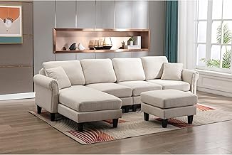 Caradel Nathan 6 Seater L Shape Sofa with Centre Table | 6 Seater Sofa Set for Living Room | Premium Fabric Sofas (Nathan_Cream, LHS)