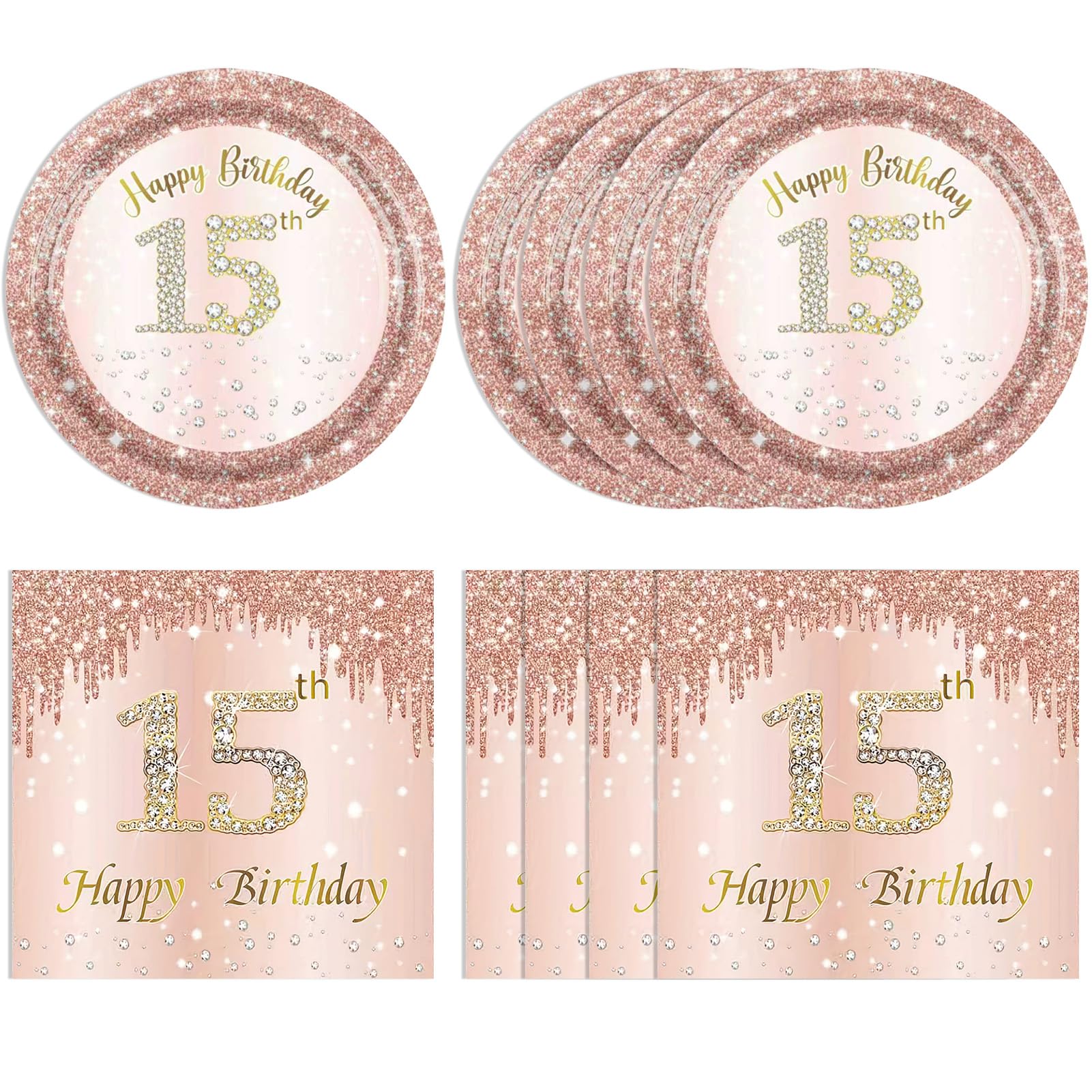 15th Birthday Decorations for Girls,15th Birthday Plates and Napkins,Rose Gold 15 Year Old Birthday Tableware 15 Party Table Decorations Supplies,Disposable 7'' Paper Plates, Napkins for Teen Party