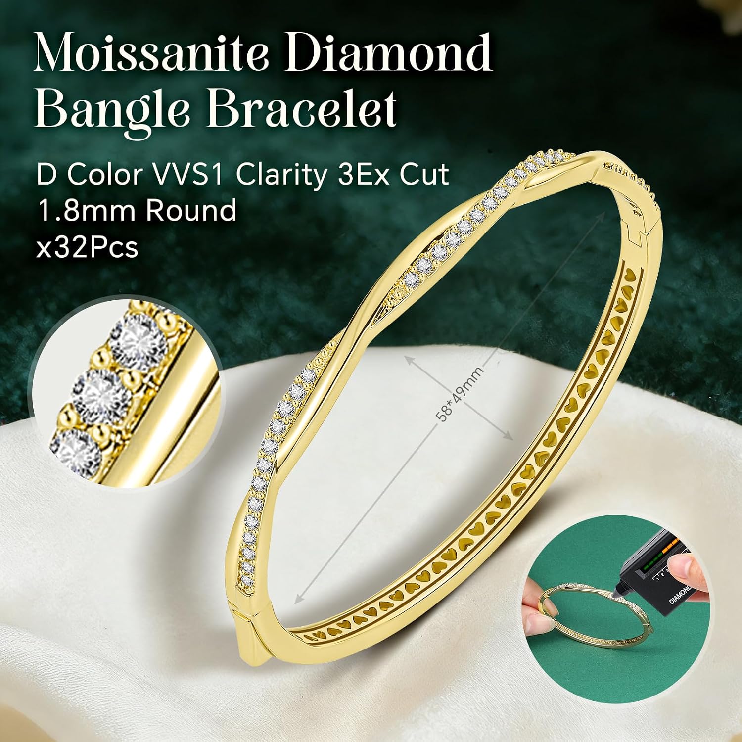 Moissanite Bracelets for Women Infinity Twisted Bracelet 14K Yellow Gold/Rose gold Plating With D Color VVS1 Stones Lucky Charm Jewelry Durable Stackable Gift for Her