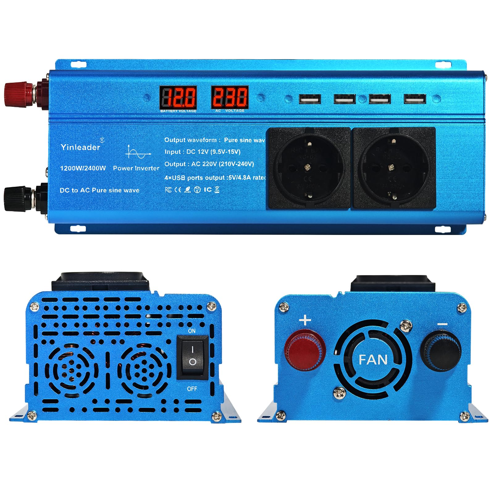 Yinleader 12V auf 230V 2400W Reiner Sinus Wechselrichter 2 EU Steckdosen und 4 USB-Anschlüsse 2 LED Spannungswandler