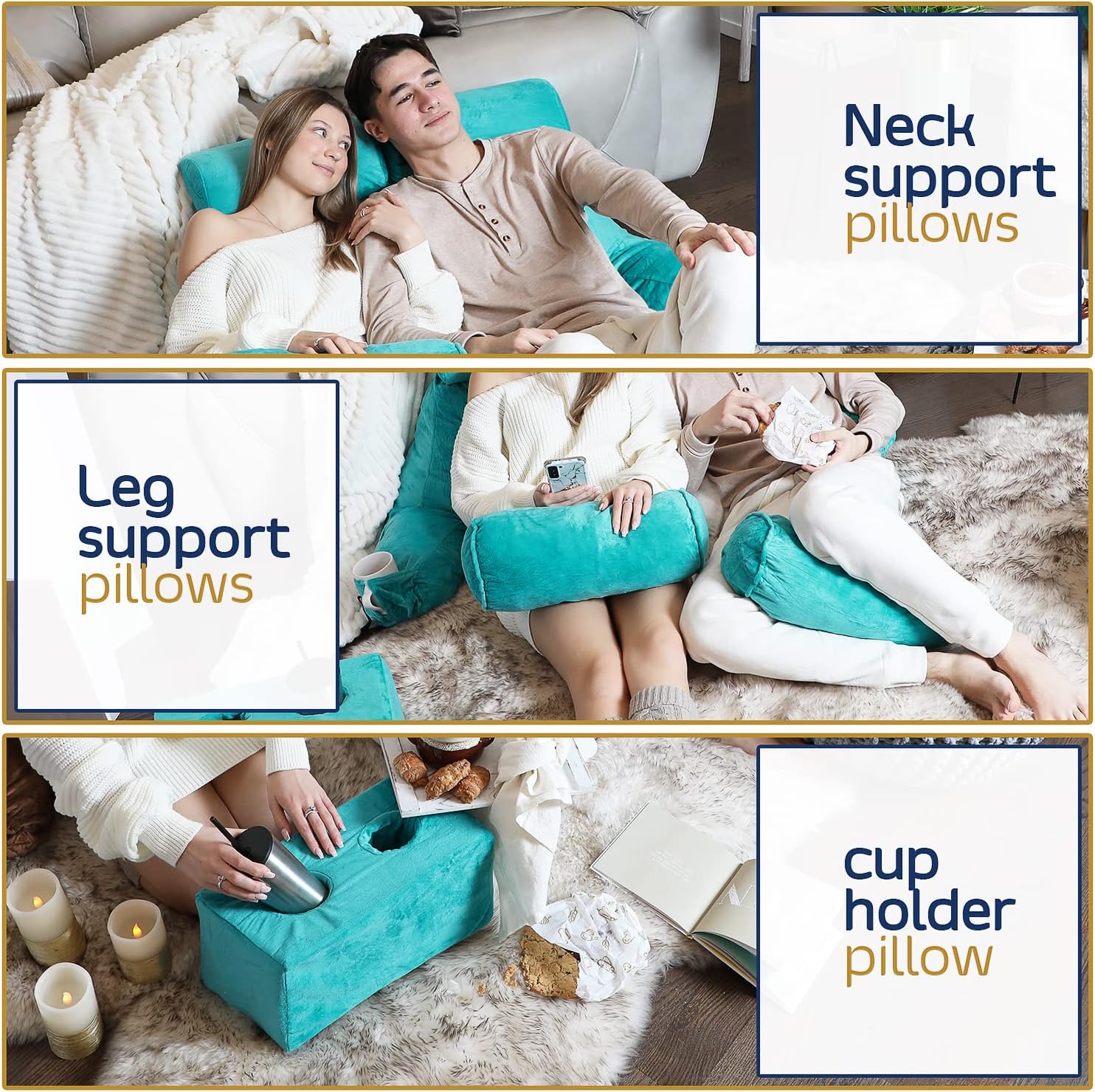 Nestl Double Reading Pillow, Double Back Pillow, Backrest Pillows for Bed with Arms, Shredded Memory Foam Back Pillows for Sitting in Bed, 2 Neck Roll & 2 Lumbar Back Support Pillow, Teal Blue : Home & Kitchen