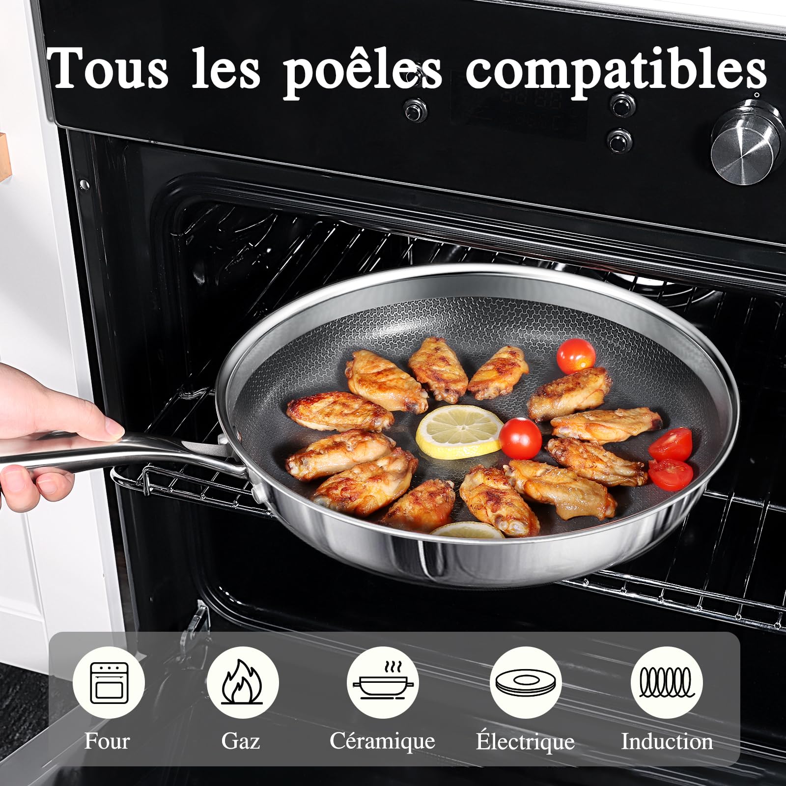 GiPP Poêle Antiadhésive, Acier Inoxydable à 3 Couches, Série Haut de Gamme | Sain et Non Toxique, Diffusion de Chaleur Homogène, Manche Restant Froid, Tous Feux Lot, Lave-vaisselle et Four, 26 cm