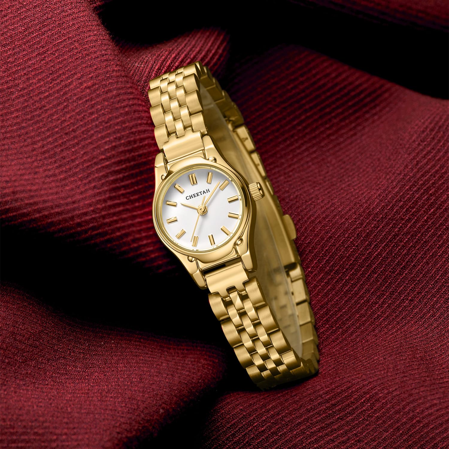 CHEETAH Goldene Uhren für Damen, zierliches kleines rundes Zifferblatt, mit Edelstahl-Armband, wasserdicht