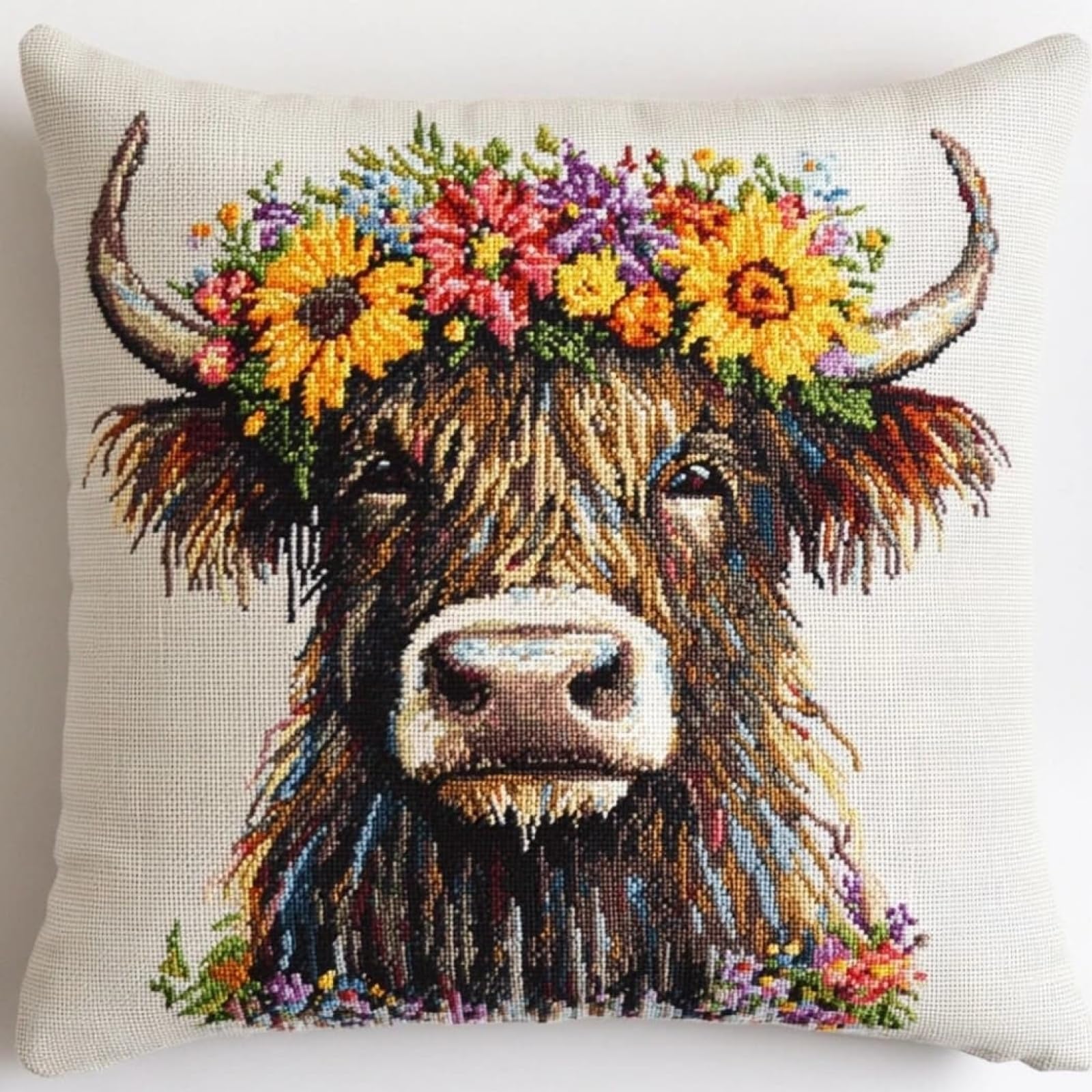 WallustrioaW Tapestry Pillow Kit,Highland Cow Wearing a Wreath,Embroidery Pillow Tapestry Canvas Cushion Front Cross Stitch Pillowcase,Home Decor Gifts,45x45cm