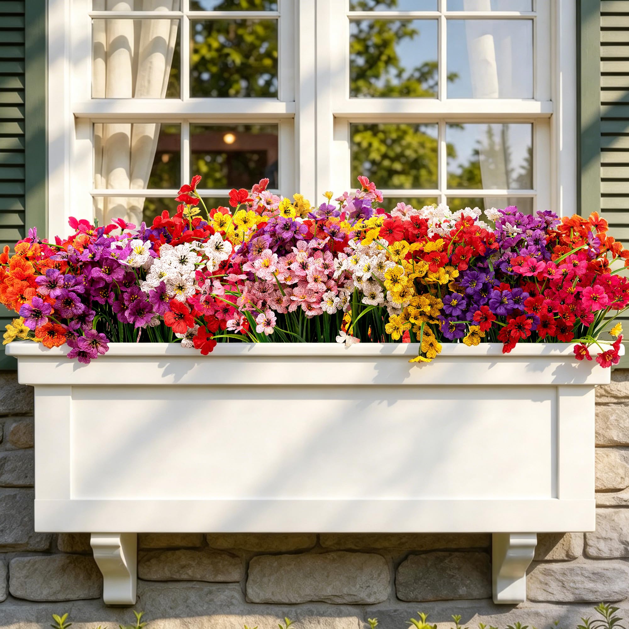 Künstliche Blumen für drinnen und draußen, für drinnen und draußen, Garten, Veranda, Fensterkasten, Zuhause, Hochzeit, Bauernhaus, 24 Bündel (8 Farben)