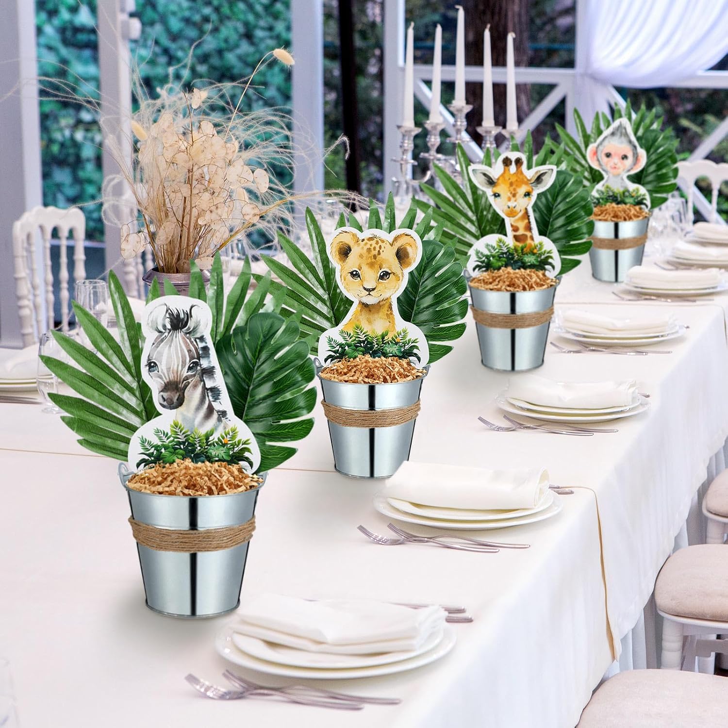Amyhill 58 Pcs 8 Sets Safari Centerpieces for Tables Jungle Animals Centerpieces Safari Baby Shower Party Decor with Palm Leaves Metal Buckets Jungle Animals Cutouts for Wild One Birthday Party Decor