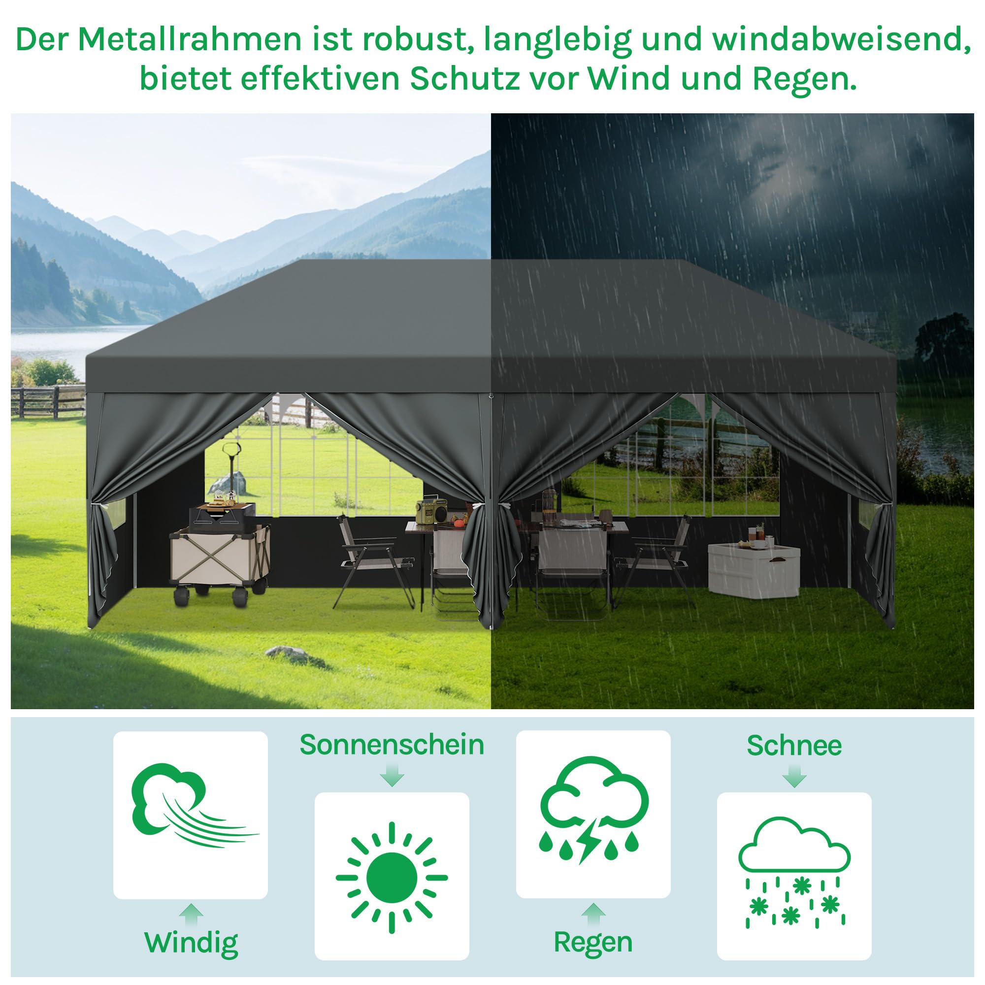 Laneetal Pavillon 3x6 m, Pop Up Faltpavillon, 6 Seitenwände mit Fenster Reißverschlüsse, Gartenpavillon wasserdicht Winterfest UV-Schutz, für Garten, Camping, Strand, Grill, Anthrazit