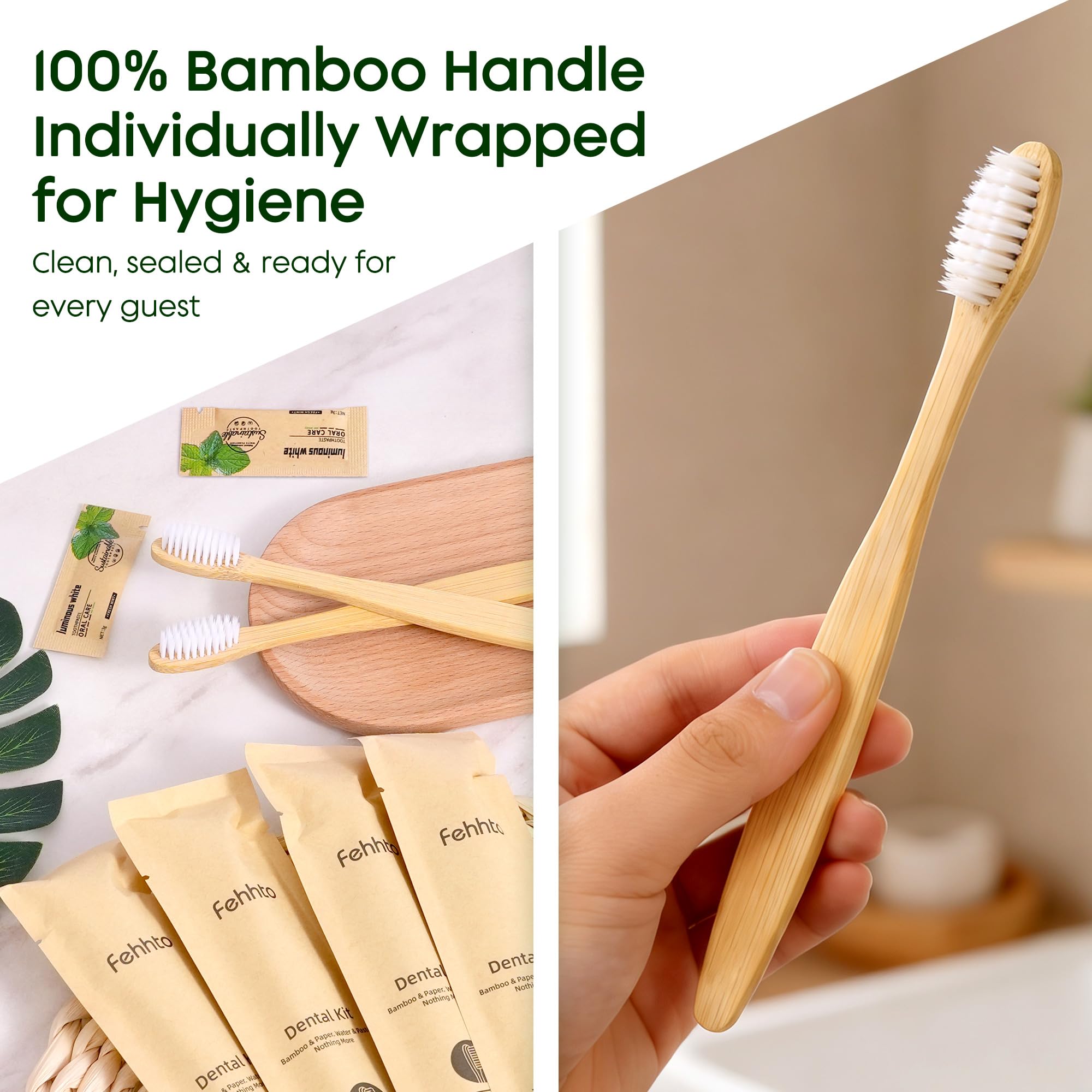 Kit de cepillos de dientes de bambú a granel, paquete de 50 cepillos de dientes desechables de cerdas suaves con pasta de dientes (6 g), kit dental para invitados envuelto individualmente para