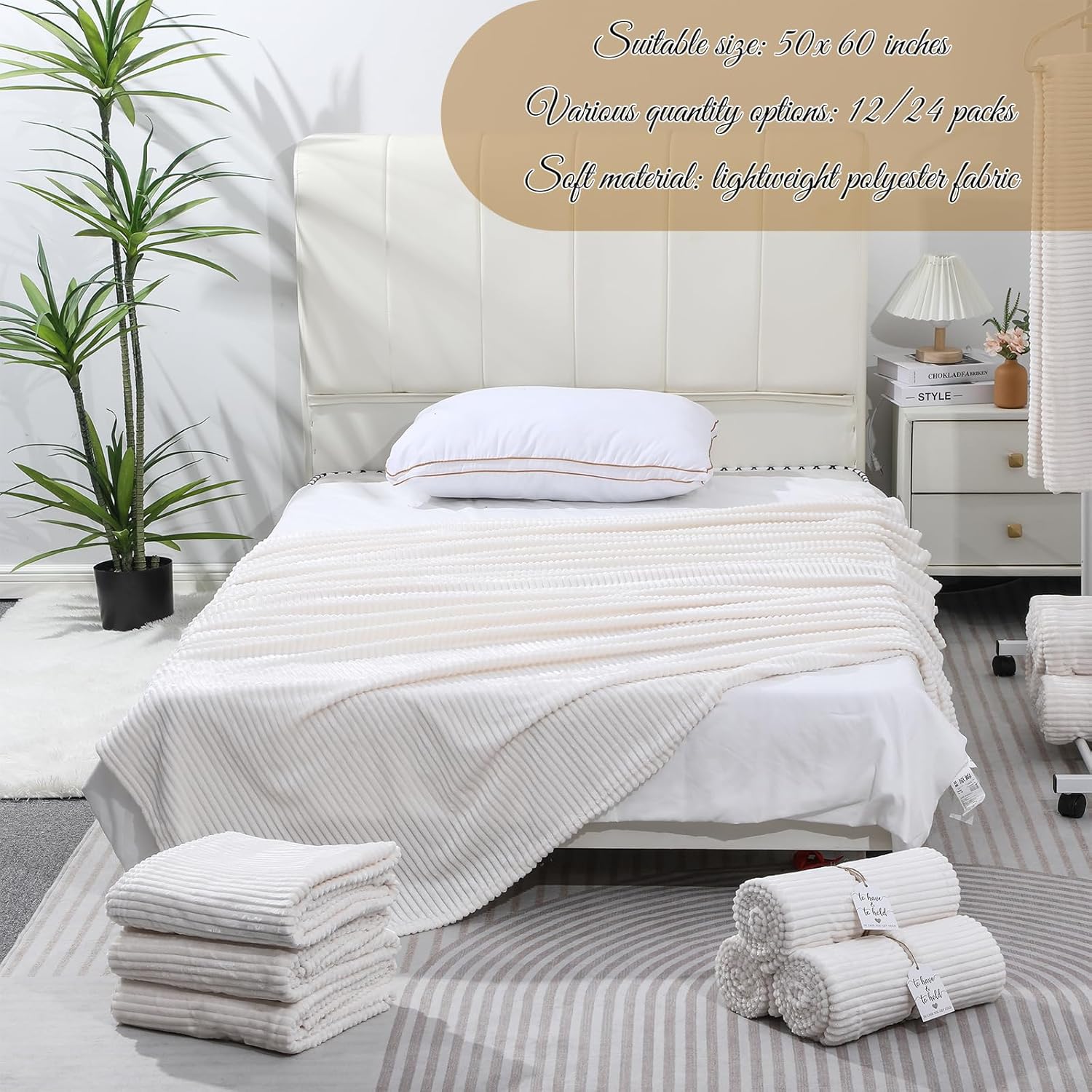24 Pcs Cream White Wedding Flannel Throw Blanket Bulk 50 x 60 Inch with to Have to Hold Card Striped Ribbed Soft Throw Blanket Lightweight Blankets for Wedding All Seasons Gifts Sofa Room(Cream White)