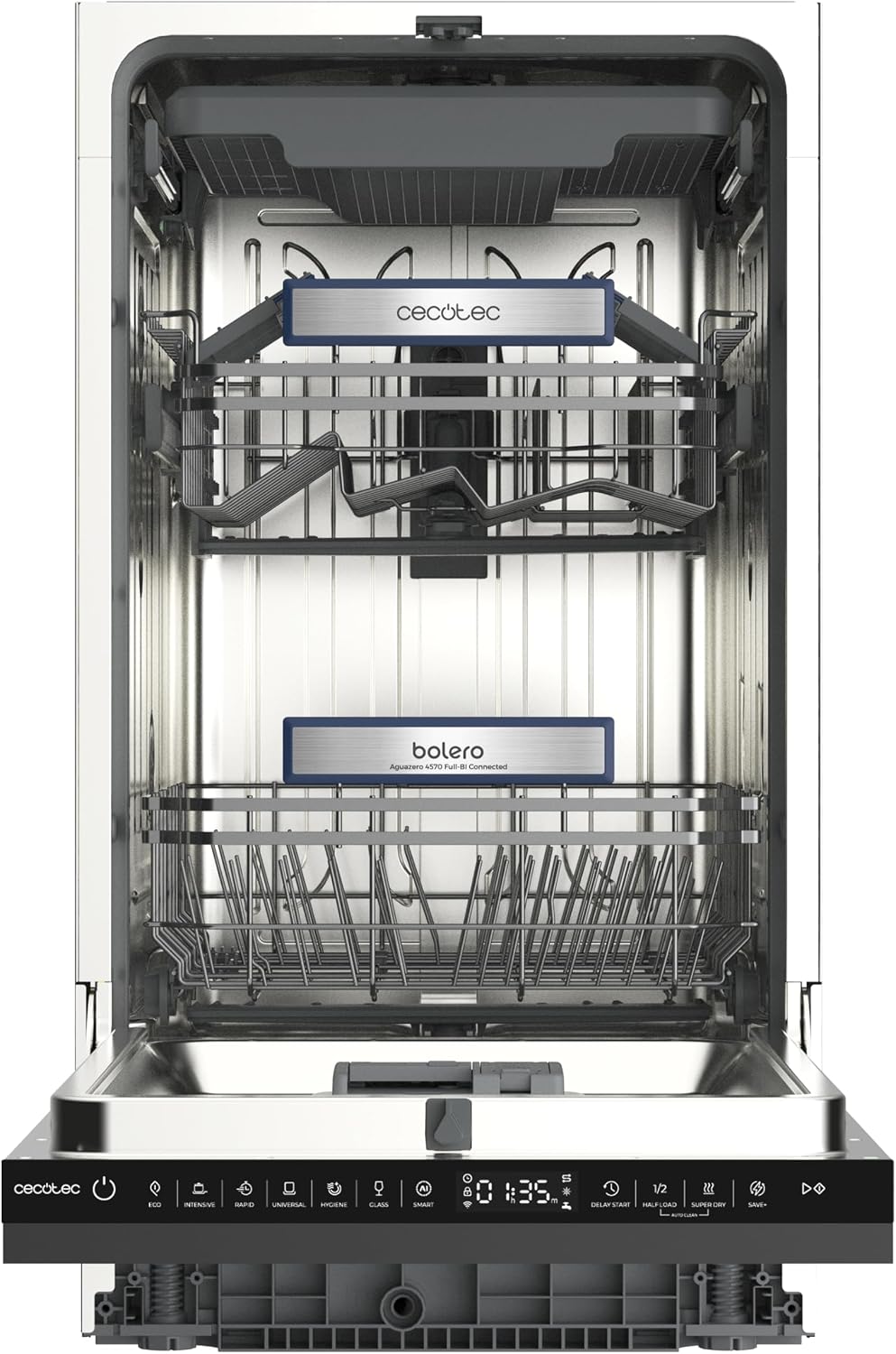 ພາຍໃນ view of the Cecotec Bolero Aguazero 4570 dishwasher, showing the upper and lower baskets and the cutlery tray.