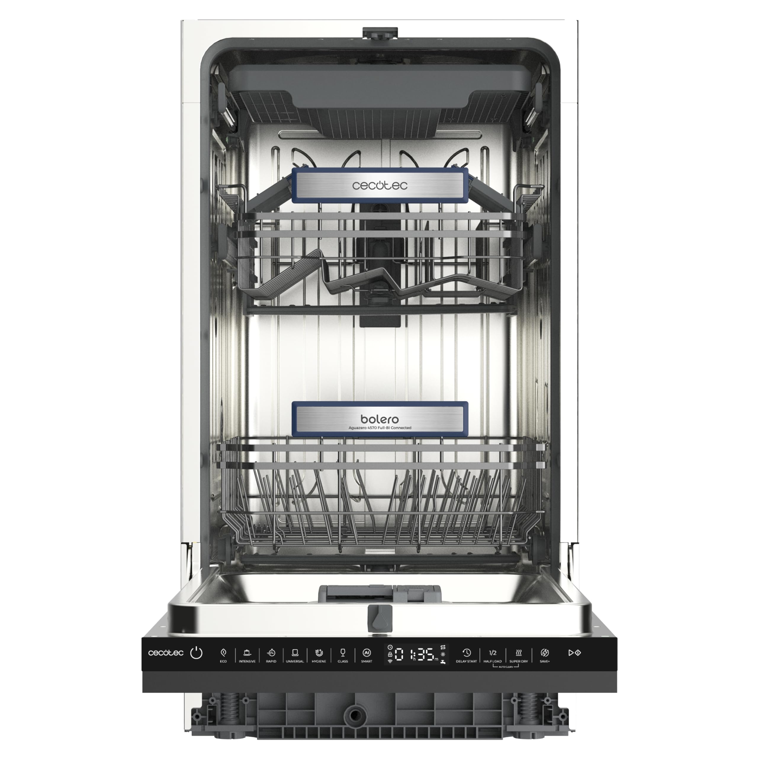 Cecotec Lavavajillas 45 cm Integrable Bolero Aguazero 45100 Full-BI Connected. 11 Cubiertos, 10 Programas, Inverter Plus Duo, Panel Táctil, WiFi, Smart Wash, O2Dry, Super Dry, FloorView Light