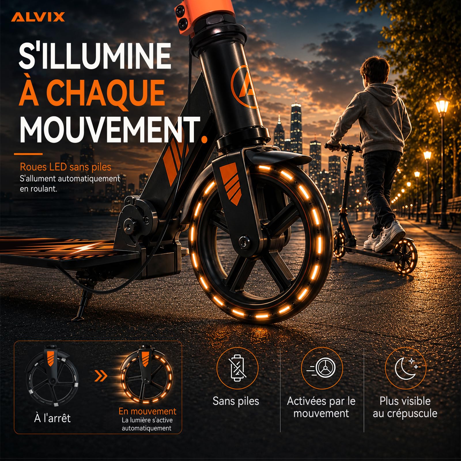 ALVIX Trottinette pour enfant avec frein à main et roues lumineuses LED, hauteur réglable à partir de 6 ans, roues de 200 mm, trottinette pliable avec sangle de transport, large plateau, jusqu'à 100
