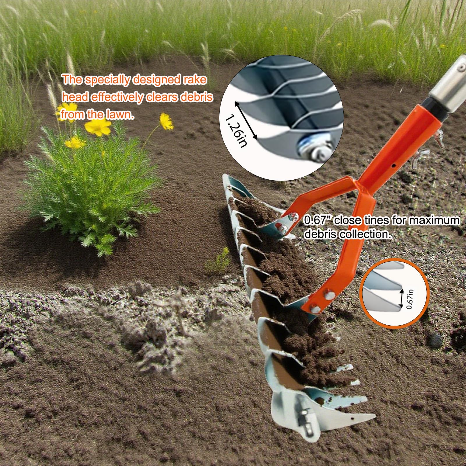 Rastrillo de jardín con Guantes, nivelador de Hojas de Acero Inoxidable de Doble Cara, Mango Ajustable de 135 cm, Resistente para césped, Tierra y Grava, Ideal para parterres y huertos.