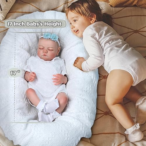 Miniatura 5 de Muñecas realistas de bebé Reborn  Cuerpo de tela suave de 17 pulgadas  Muñeca de bebé recién nacida durmiente con accesorios de juguete, juego de