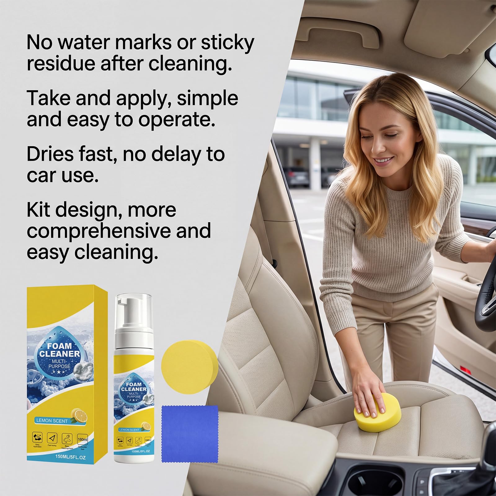 4-in-1 Multi No-Rinse Foam Cleaner für Autoinnenraum Ledersitz Reviver mit Zitrone frischem Duft, Couch Cleaner Spray, 150Ml Polsterreiniger Schaum, Allzweckreiniger für Leder (5 stücke)