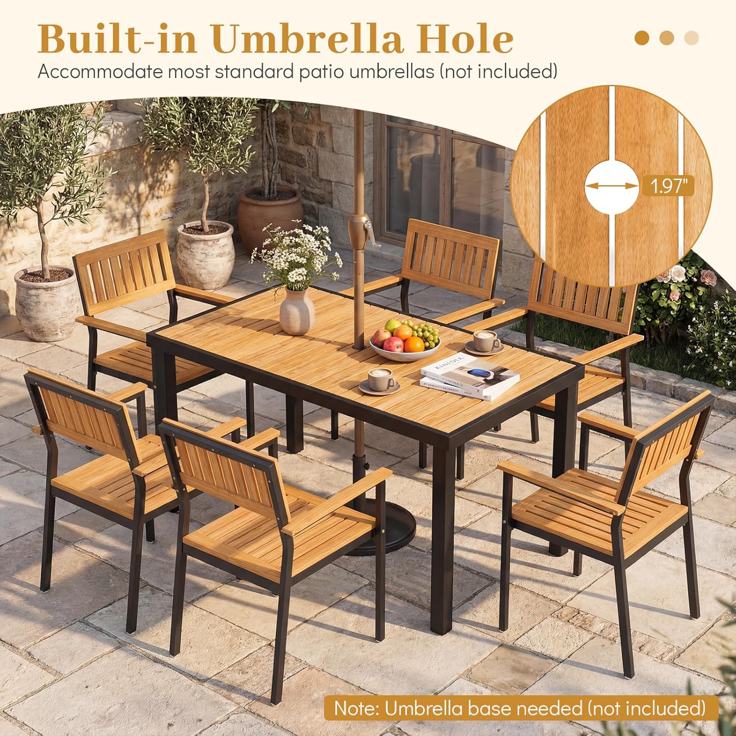 Tangkula 58" Rectangular Patio Dining Table for 6, Acacia Wood Outdoor Table with Slatted Top, 1.97" Umbrella Hole and Heavy Duty Metal Frame, Outside Table for Porch, Garden, Yard, Deck and Poolside