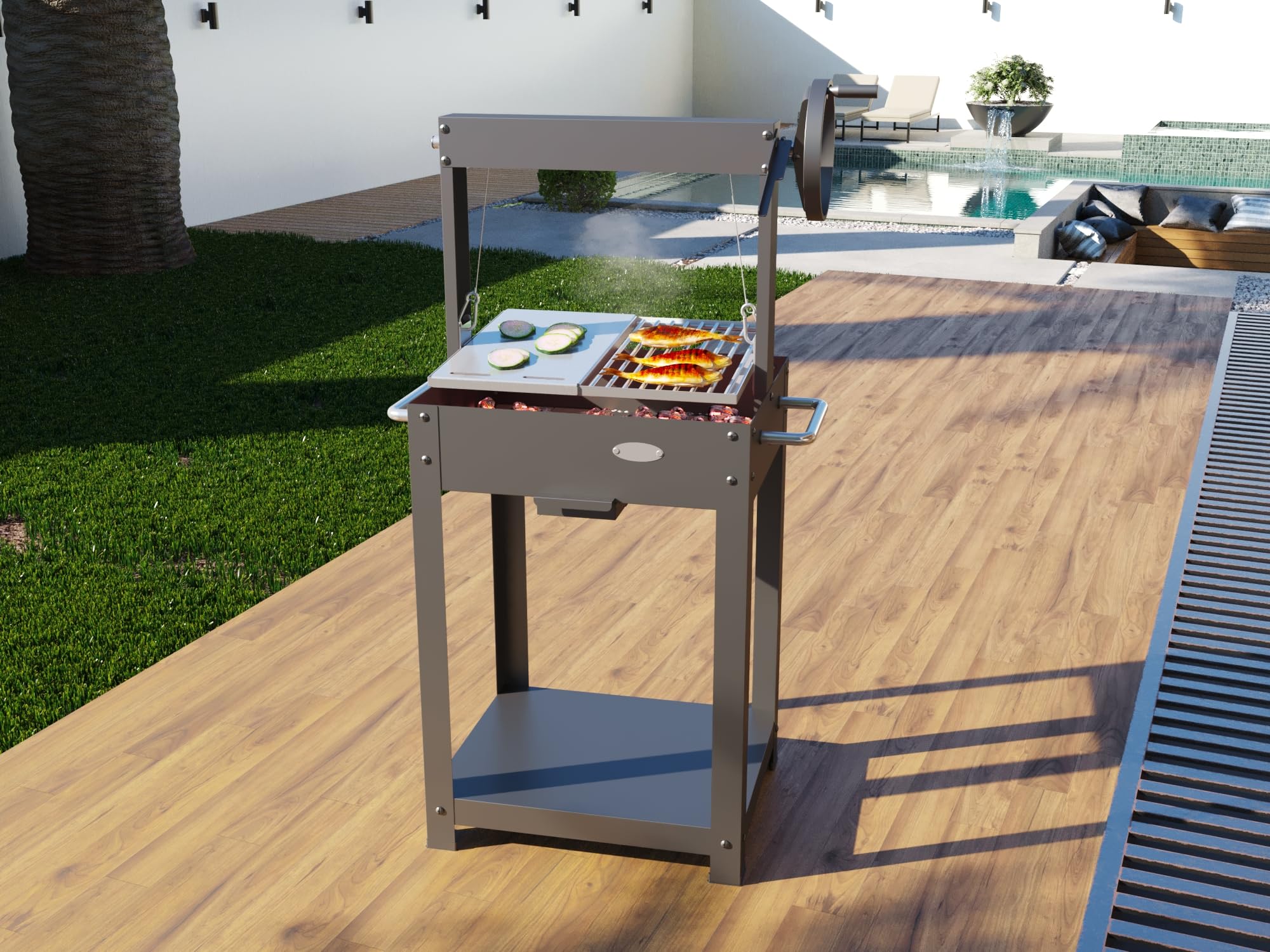 GMR FOR FIRE AND FUN Barbecue a Legna Argentino XL (50x40cm), con Mattone Refrattario, Barbecue Carbonella XL, Barbecue da Balcone, Cottura Carne Perfetta, Ruota in Alluminio