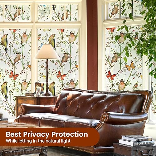 Miniatura 6 de DKTIE Película para ventana de vidrieras con kit de instalación, no adhesiva, se adhiere por estática, extraíble, patrón floral retro, protección de