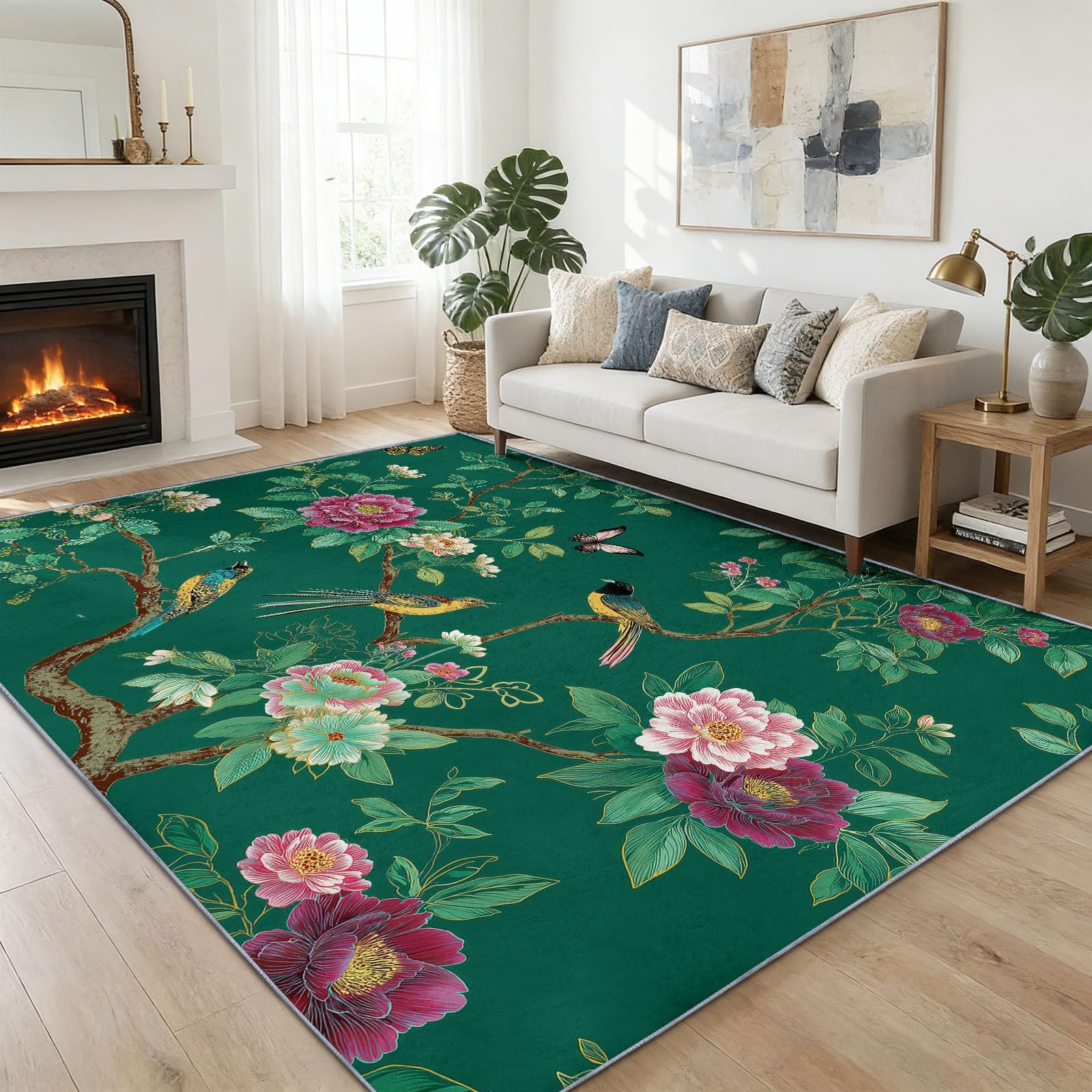 Tapis lavable grand format motif oiseaux avec dossier antidérapant