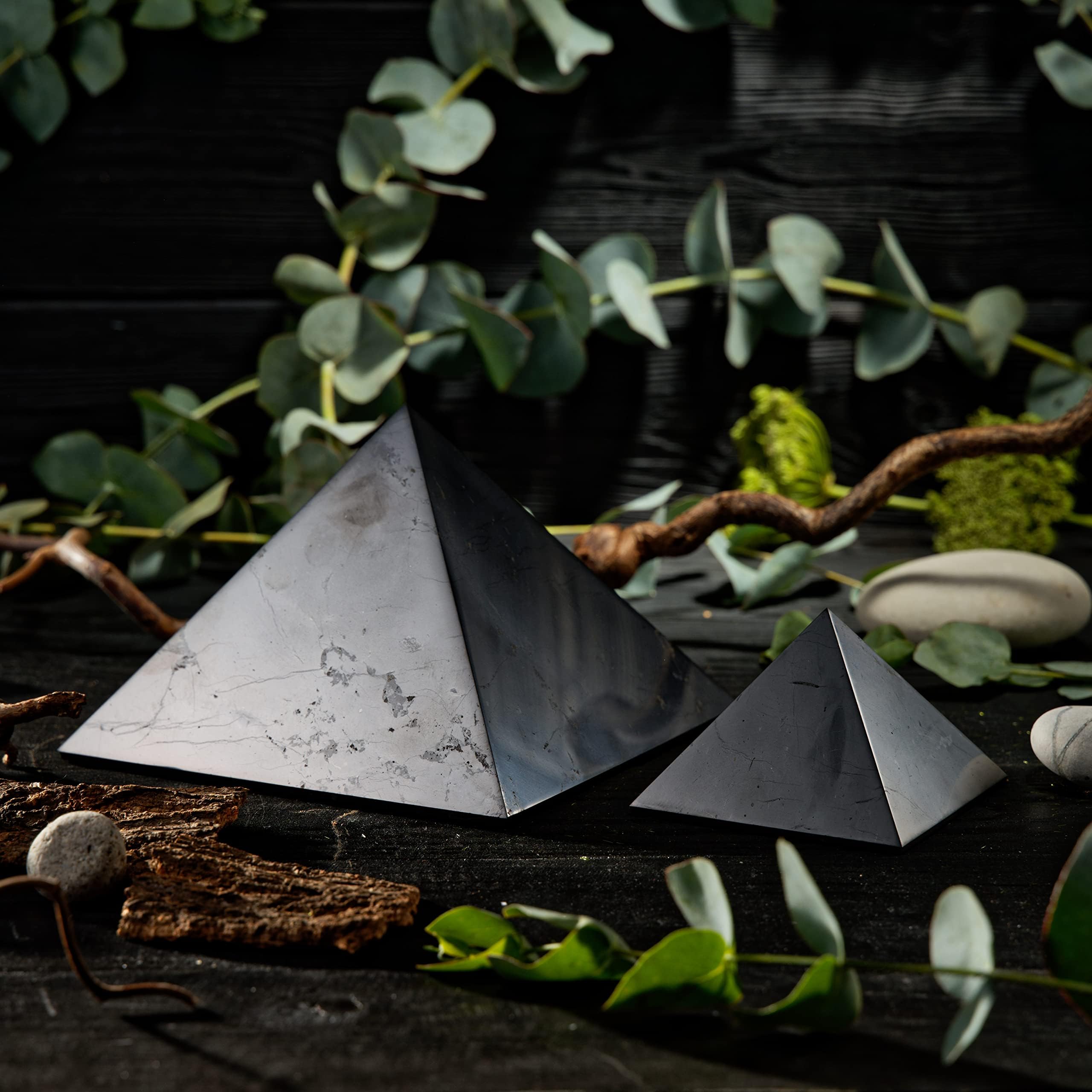 MUARO Polished Shungite Pyramid Authentic Shungite Stone Figures from Karelia, Russia (4 Inch)