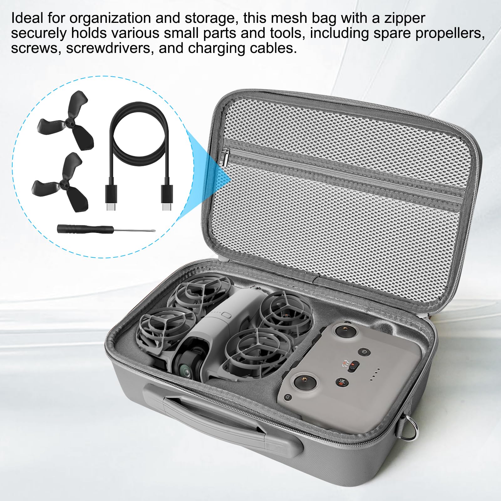 Sac pour DJI NEO 2, Housse de Transport Portable en Cuir PU pour DJI NEO 2 Fly More Combo Accessoires, Compatible avec la Télécommande RC-N3/N, Batterie, Station de Charge Bidirectionnelle (Gris)