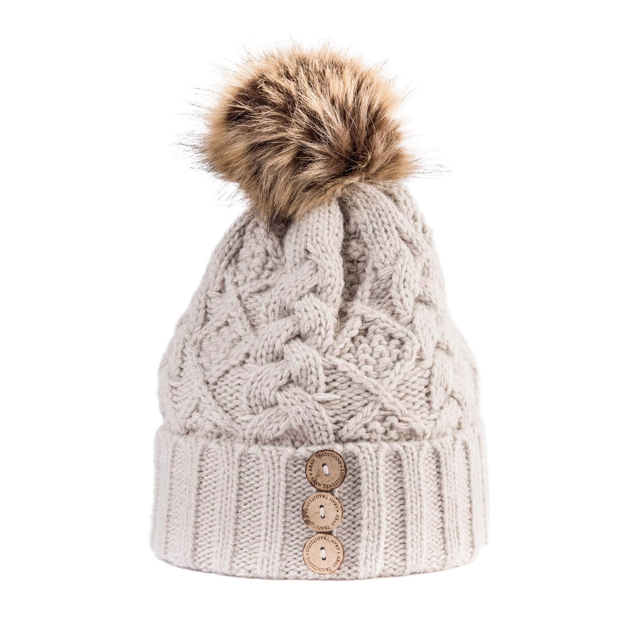 Aran Traditions Aran Diamond Cable Button Hat - Pebble