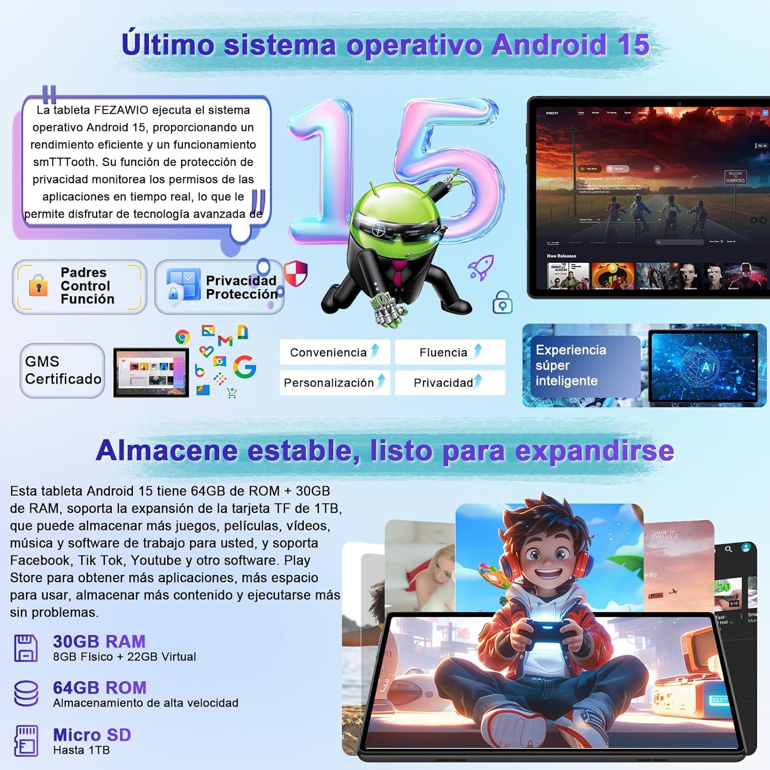 fezawio Android 15 Tablet 10 Pulgadas Gemini AI, Tablet PC Octa-Core, 30 GB RAM + 64 GB ROM (1TB TF), 3.5mm Audio/GMS/WiFi 6 & BT 5.0 / 6000mAh / GPS/Widevine L1, Tableta con Teclado-Negro — view 3