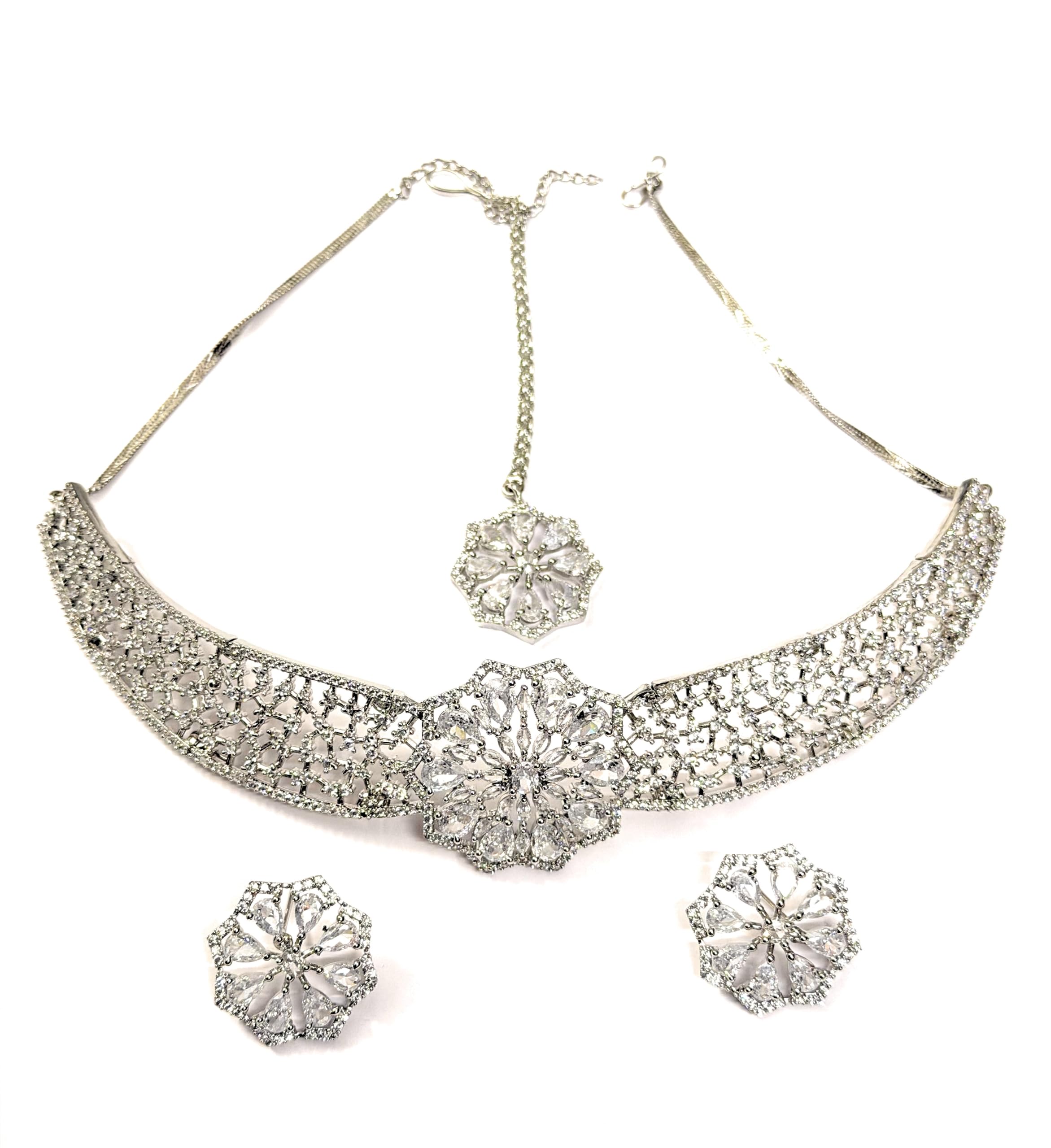 tamanna jewels AD Choker Necklace Set with Circular Pattern & Studs Silver-picture-50