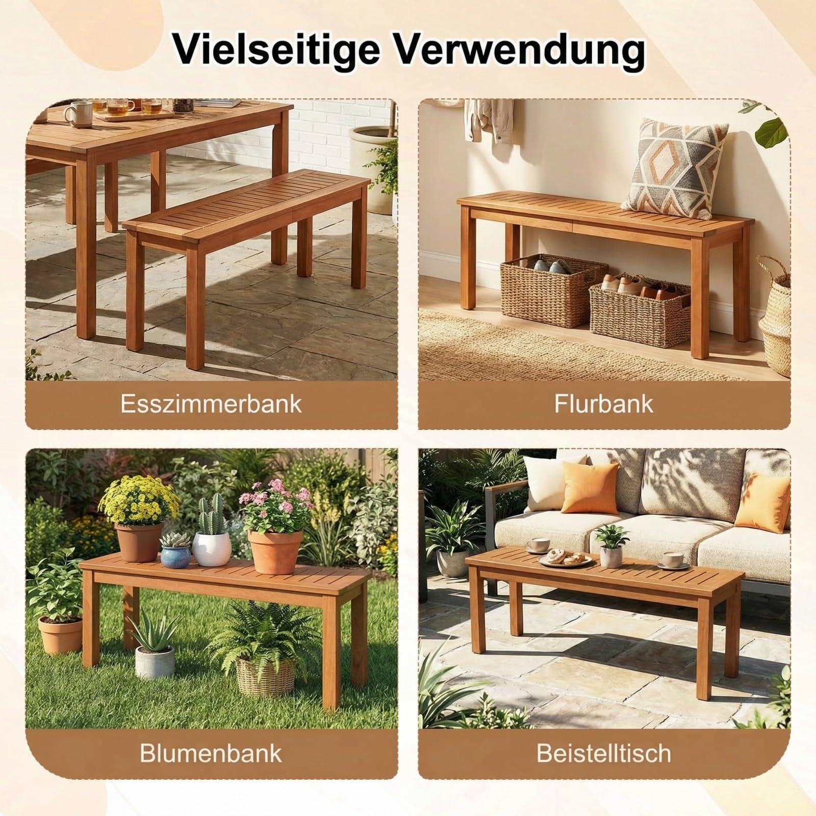 COSTWAY Gartenbank Holz Wetterfest, Sitzbank ohne Rückenlehne, 2-Sitzer Holzbank, Balkonbank aus Hartholz, Blumenbank für Garten, Balkon, Terrasse, 120 x 30,5 x 47 cm