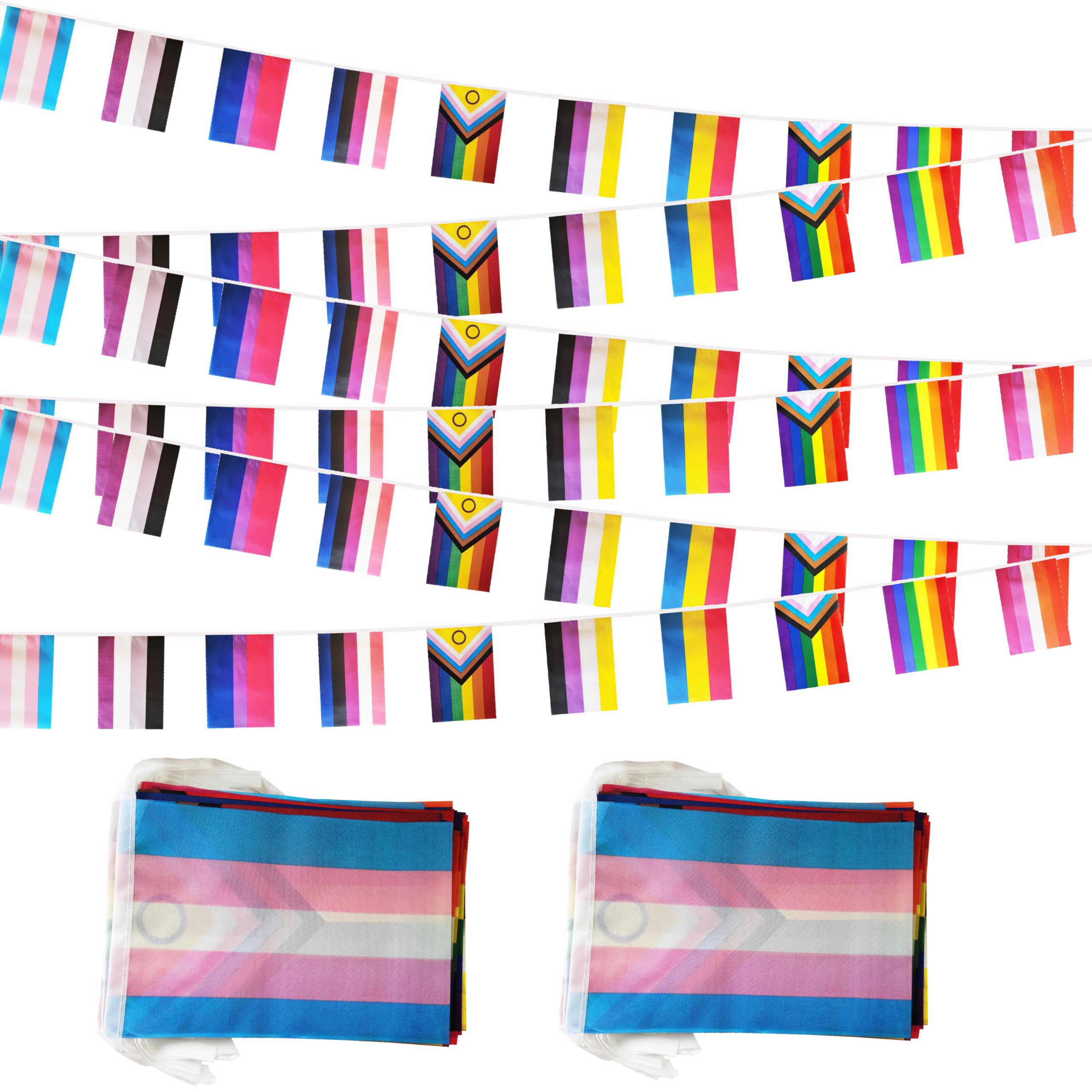 60 All Pride Rainbow Gay String Flag, 66 ft Progress Rainbow Gay Pride Flag  Bunting Banner,LGBTQ Flag Banner Decoration for Sports Events, Grand