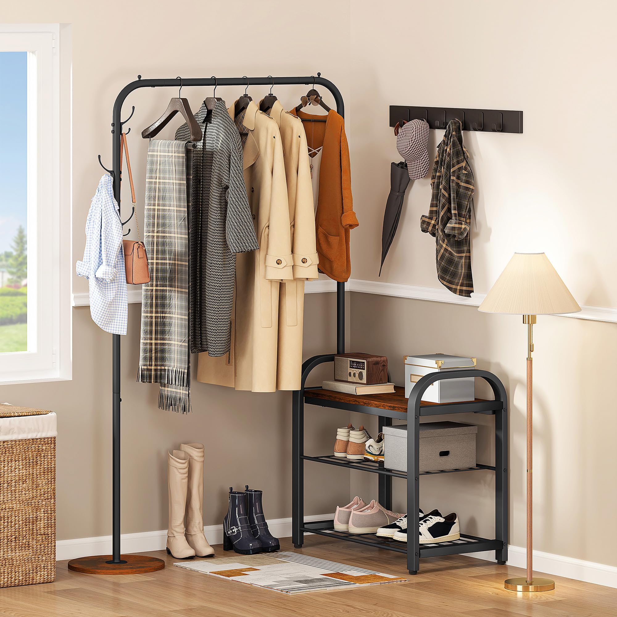 YITAHOME Perchero con zapatero, Perchero industrial con banco para zapatos, Perchero de pie con 3 ganchos, Perchero para ropa, Riel para ropa, Colgador, para sala de estar, pasillo, vestíbulo