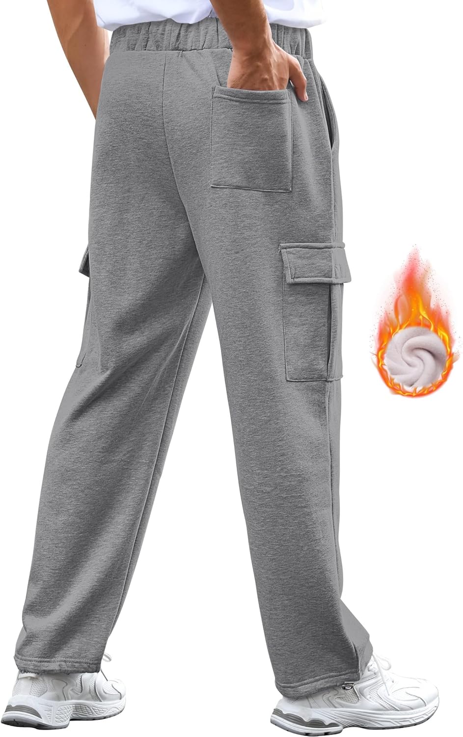 Men's Fleece Cargo Sweatpants Loose Fit Cotton Joggers with 5 Pockets Open Bottom for Gym Hiking Casual Wear - Image 2