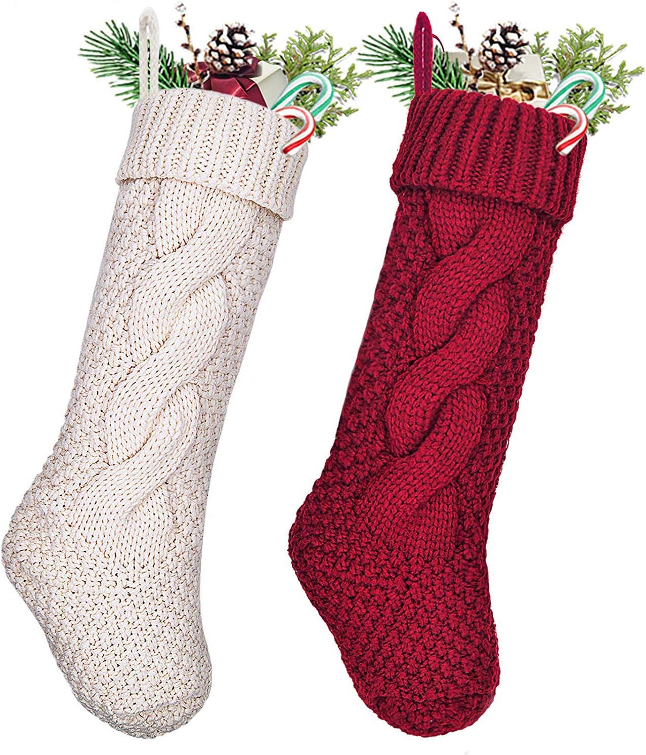 LimBridge Christmas Stockings, 2 Pack 18 inches Large Size Cable Knit Knitted Xmas Rustic Personalized Stocking Decorations for Family Holiday Season Decor, Cream or Burgundy